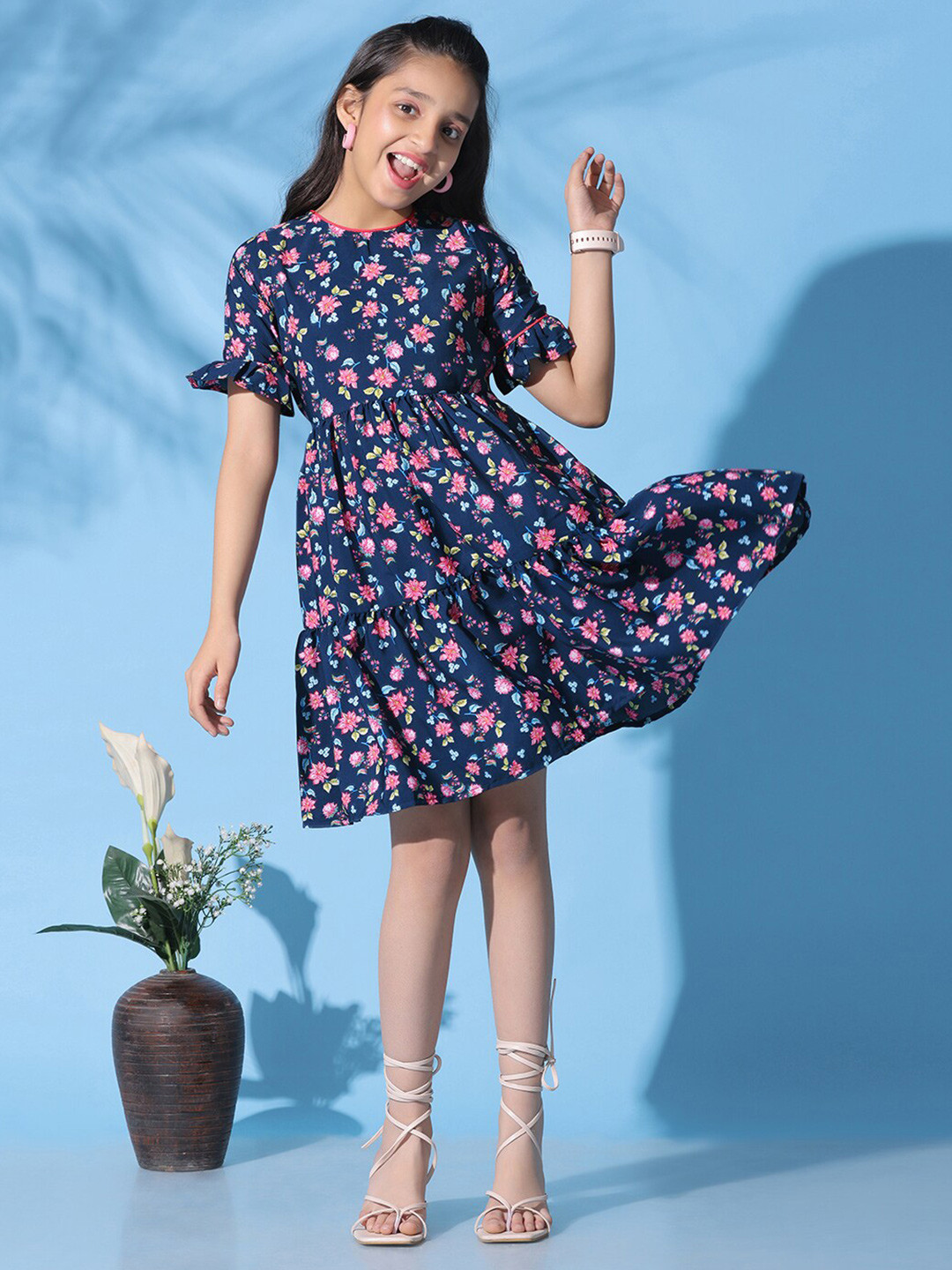 

BAESD Girls Floral Print Puff Sleeve Crepe Fit & Flare Dress, Blue