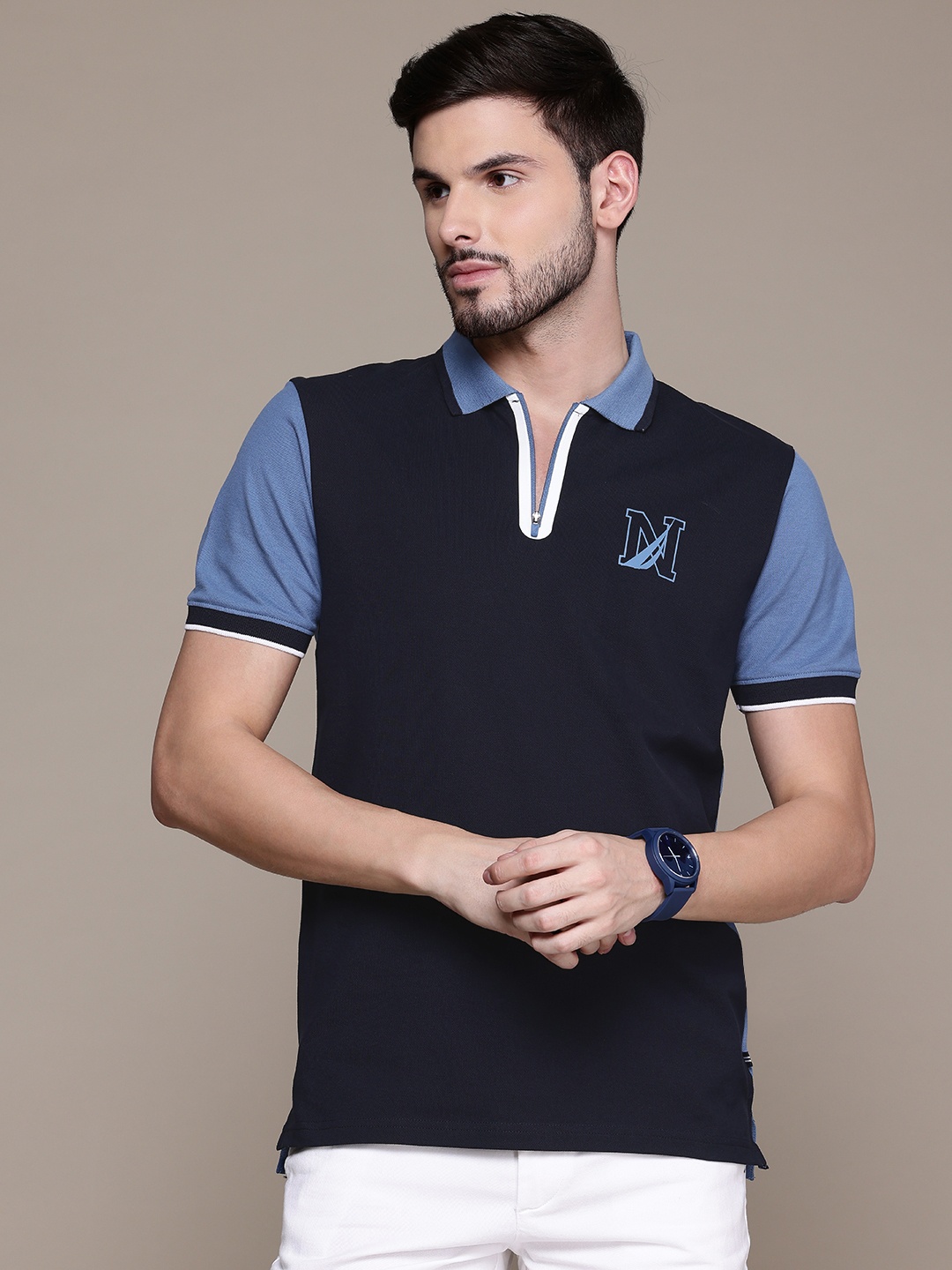 

Nautica Men Colourblocked Polo Collar T-shirt, Navy blue