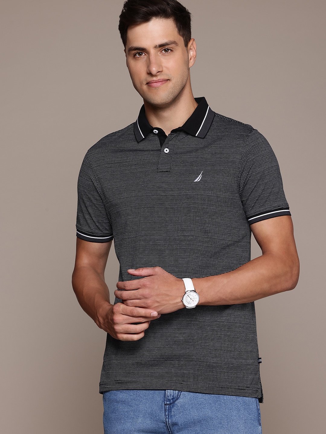 

Nautica Men Woven Design Polo Collar Pure Cotton T-shirt, Black