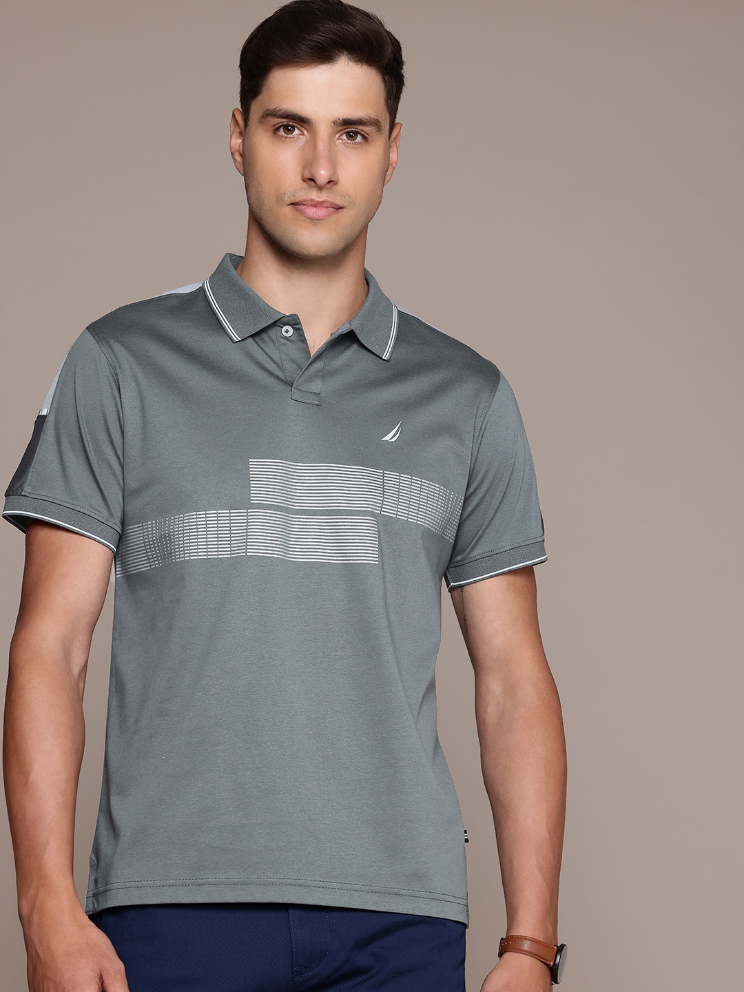 

Nautica Men Striped Polo Collar Pure Cotton T-shirt with Reflective Detail, Grey