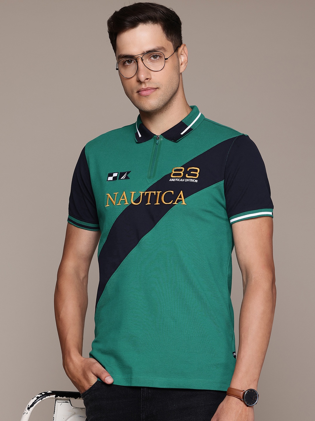 

Nautica Logo Printed Polo Collar Pure Cotton T-shirt, Green