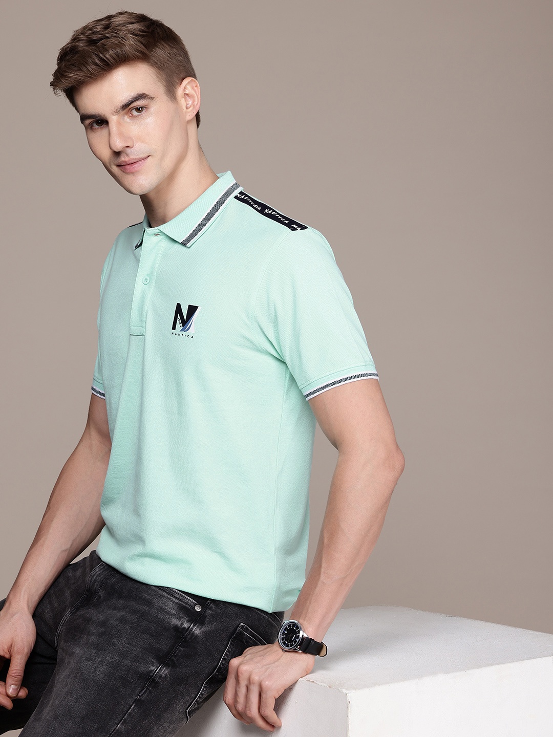 

Nautica Brand Logo Printed Polo Collar T-shirt, Blue