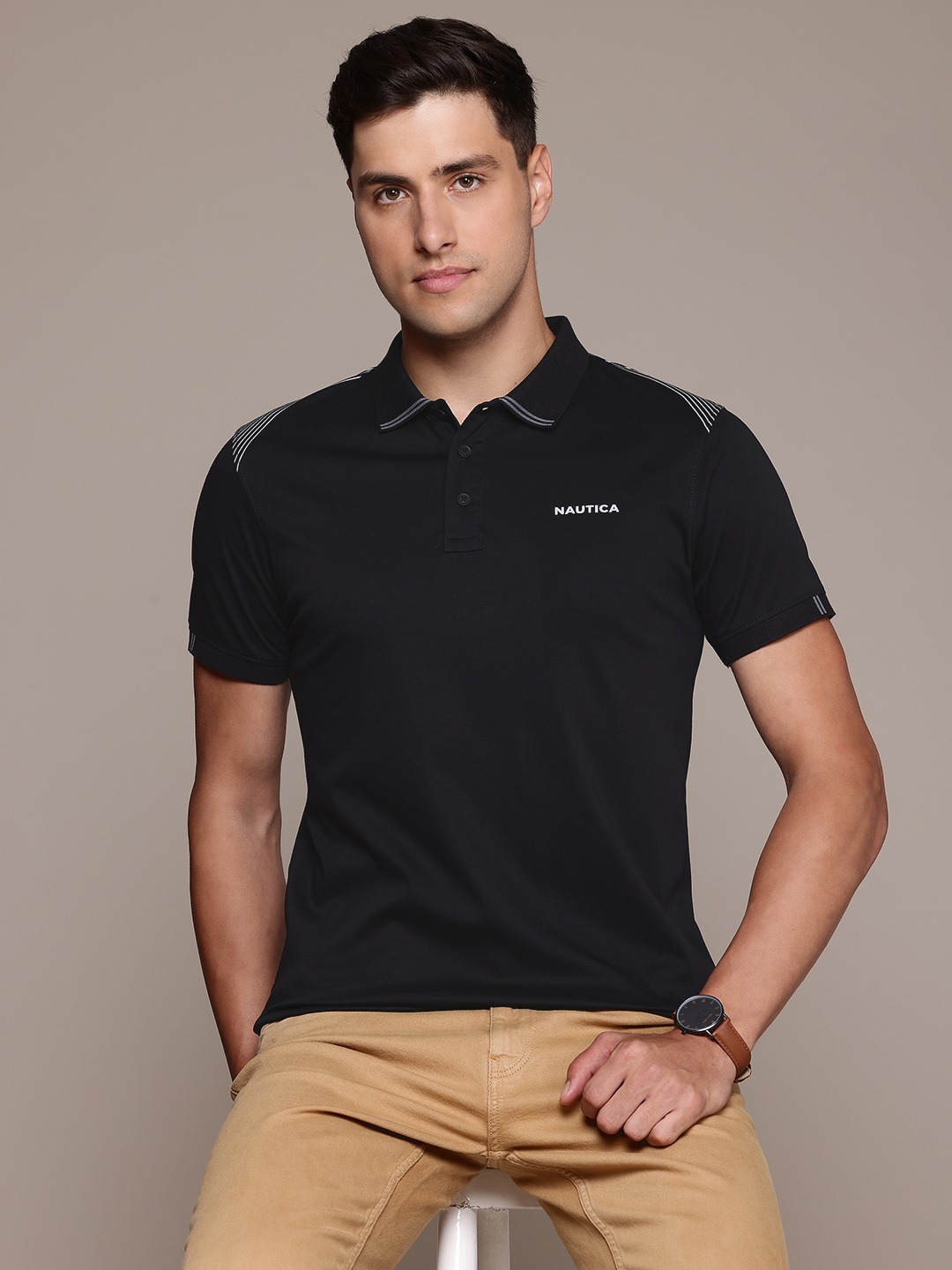 Nautica Men Polo Collar Pure Cotton T-shirt, Black