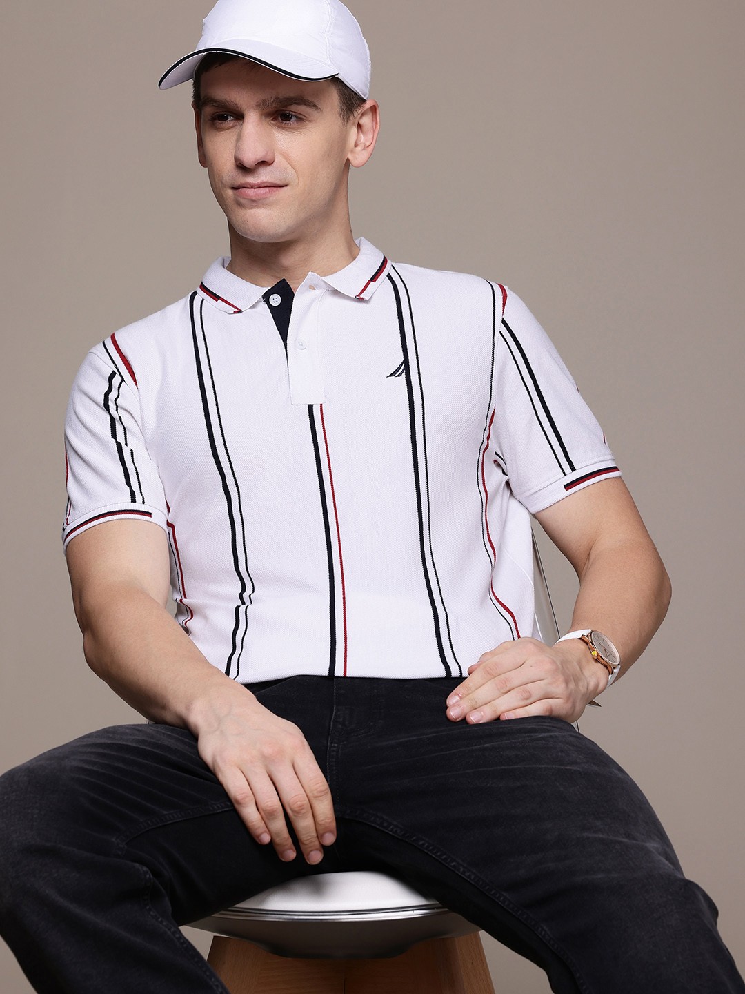 

Nautica Pure Cotton Striped Nautical Polo Collar T-shirt, White
