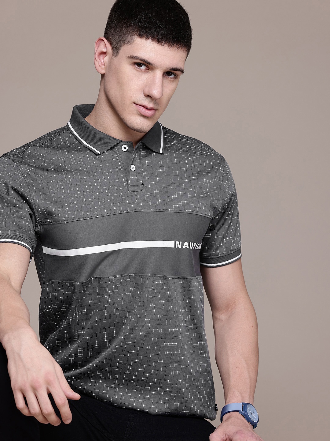 

Nautica Men Brand Logo Printed Polo Collar Pure Cotton T-shirt, Grey