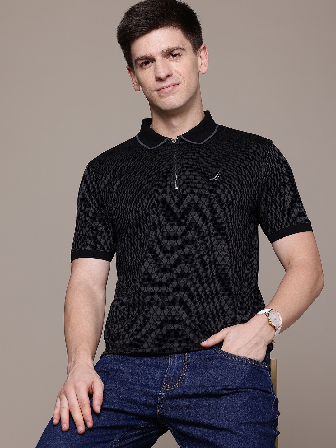 

Nautica Pure Cotton Geometric Printed Polo Collar T-shirt, Black