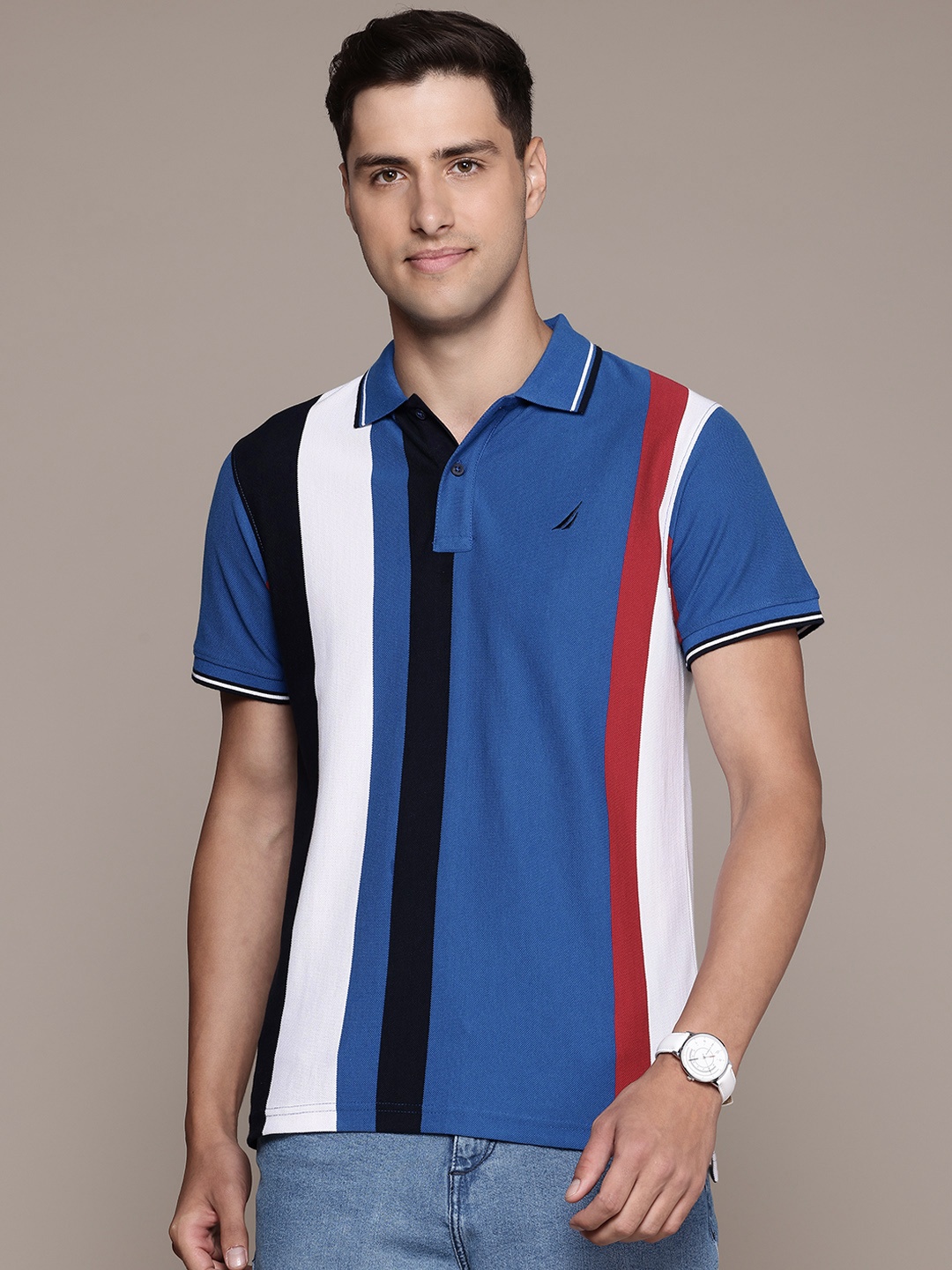 

Nautica Men Striped Polo Collar Pure Cotton T-shirt, Blue