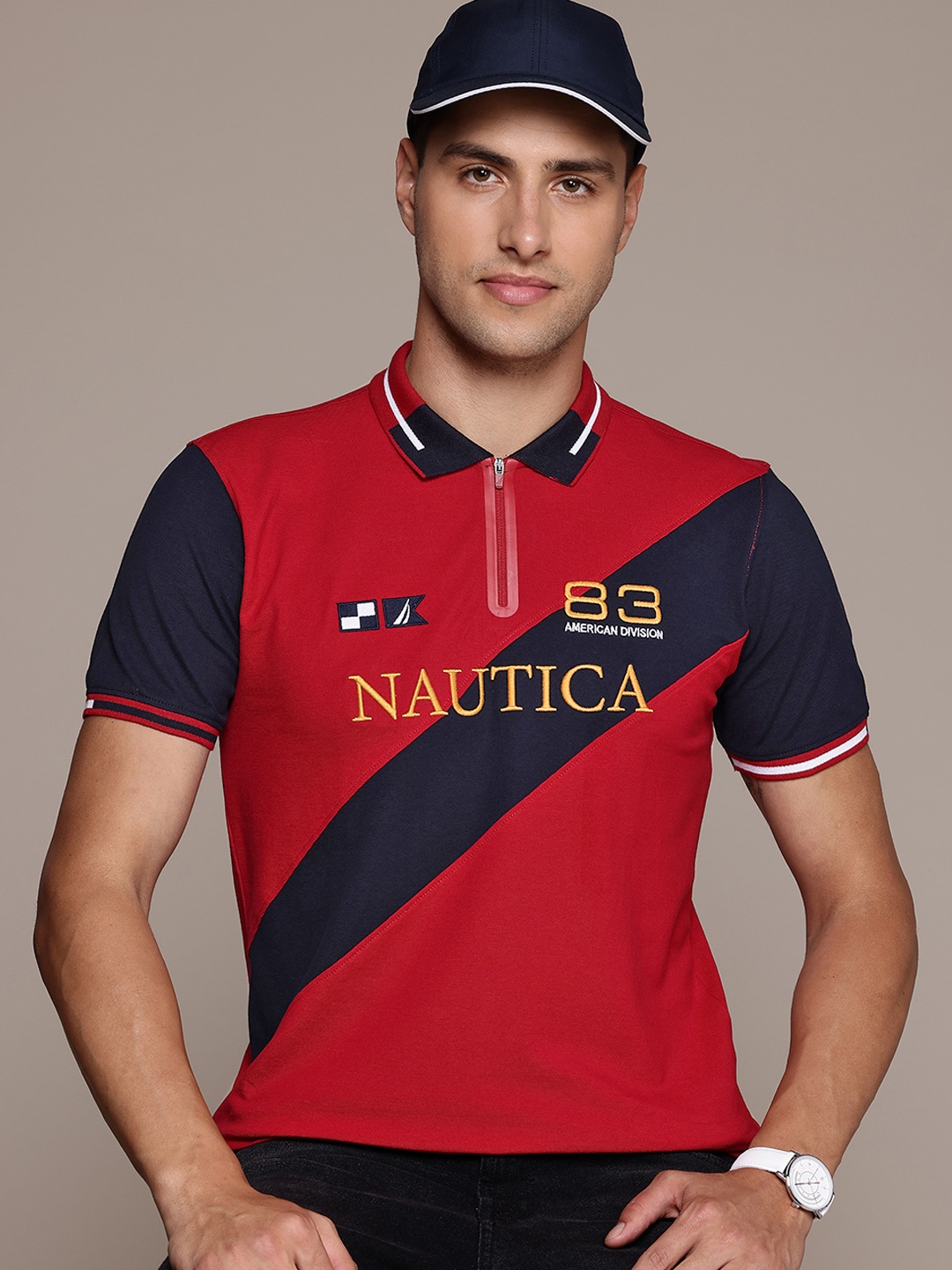 

Nautica Colourblocked Embroidered Pure Cotton Polo T-shirt, Red