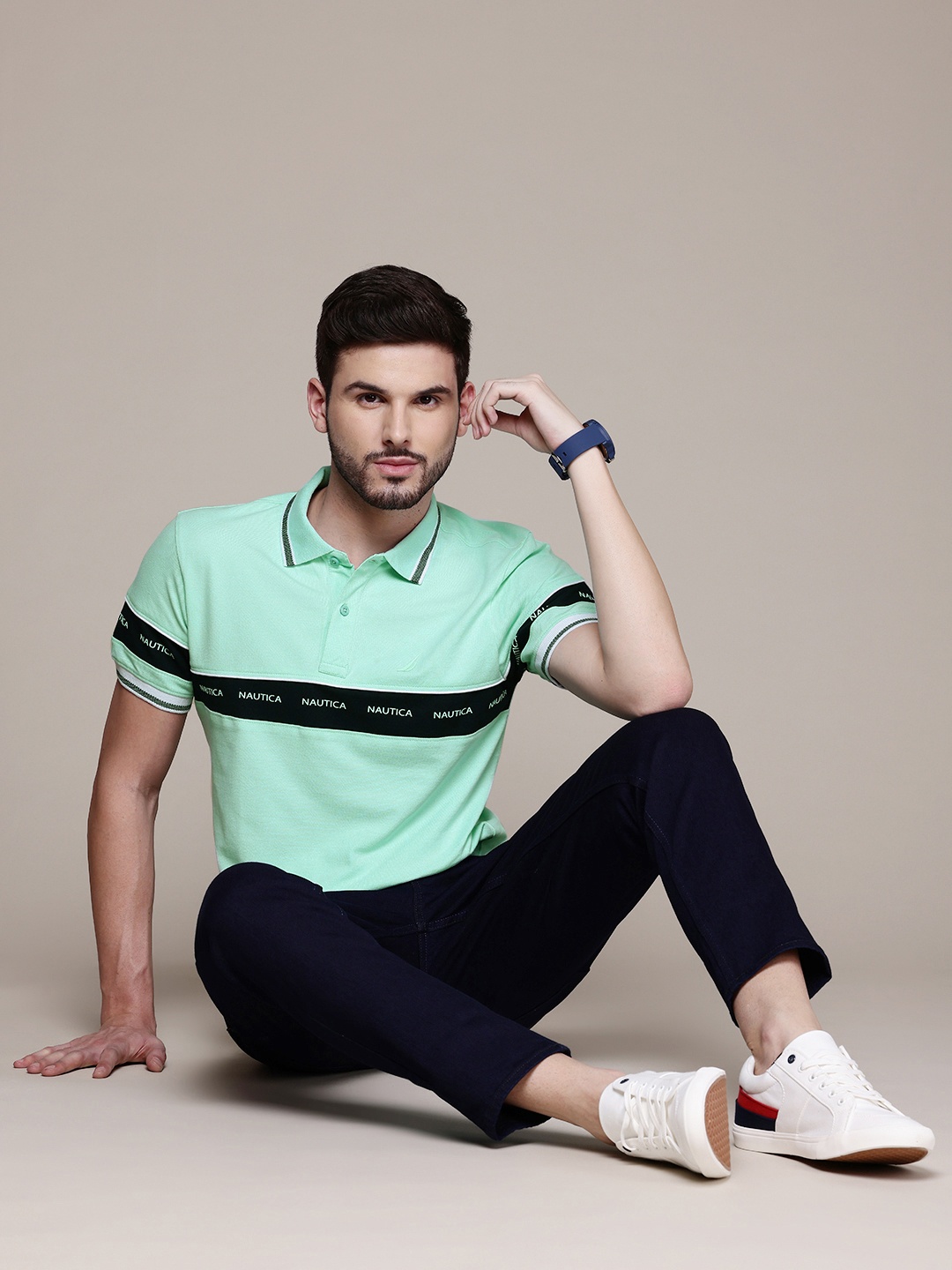 

Nautica Men Brand Logo Striped Polo Collar T-shirt, Green