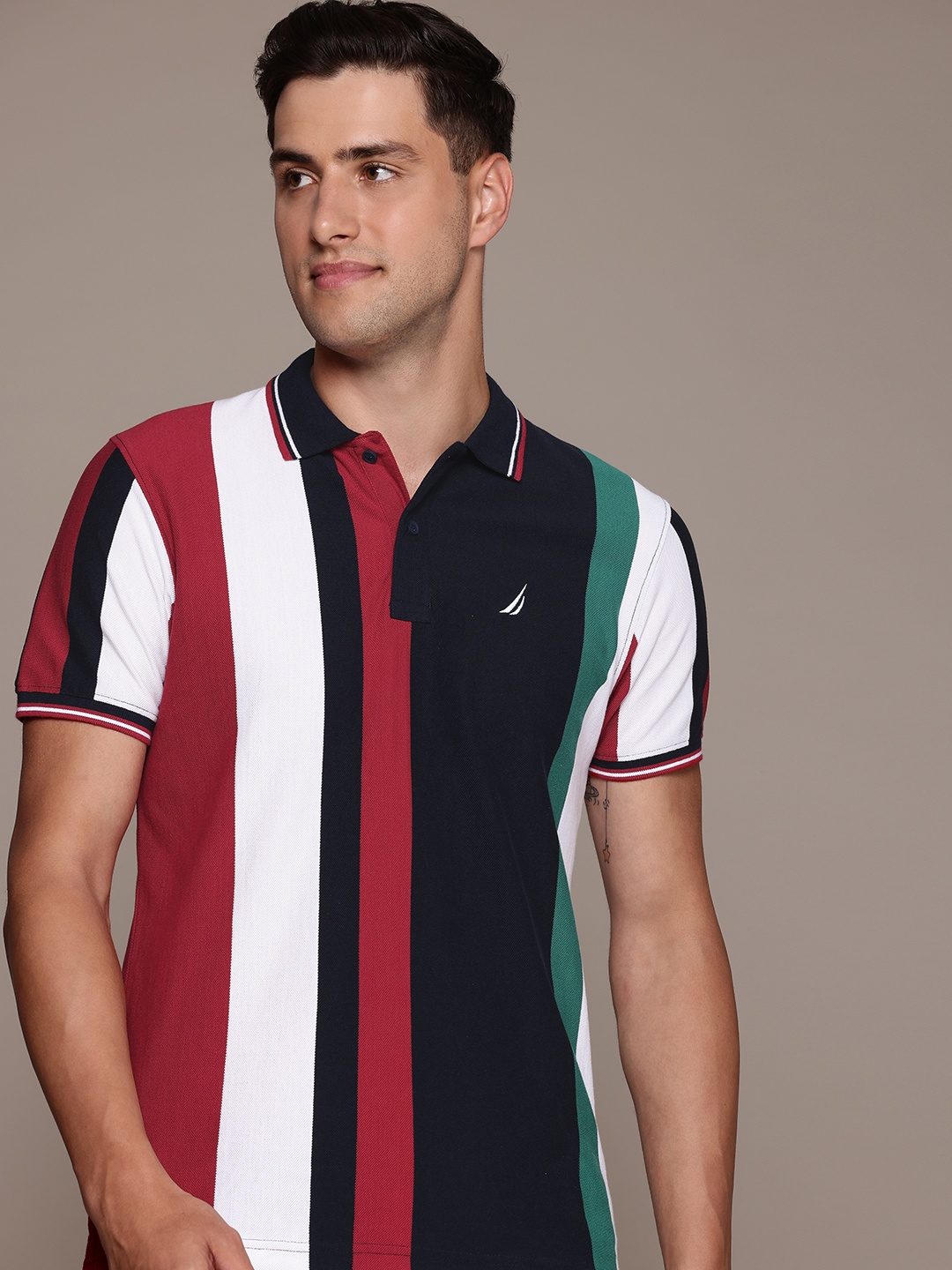 

Nautica Men Striped Polo Collar Pure Cotton T-shirt, Navy blue