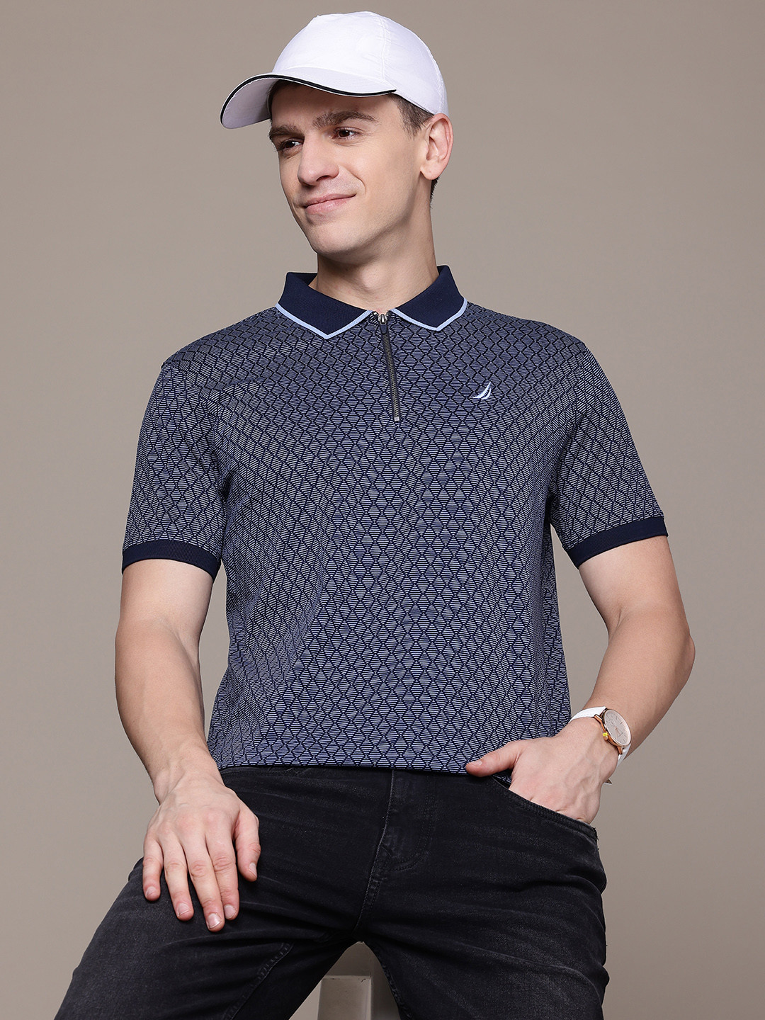 

Nautica Pure Cotton Geometric Printed Polo Collar T-shirt, Navy blue