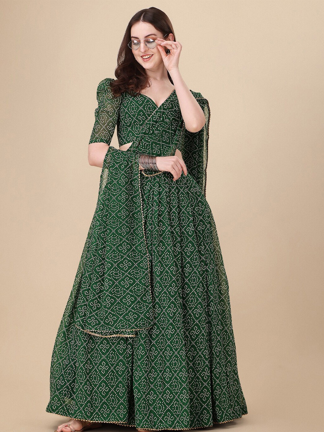 

KALINI Printed Semi-Stitched Lehenga & Unstitched Blouse With Dupatta, Green