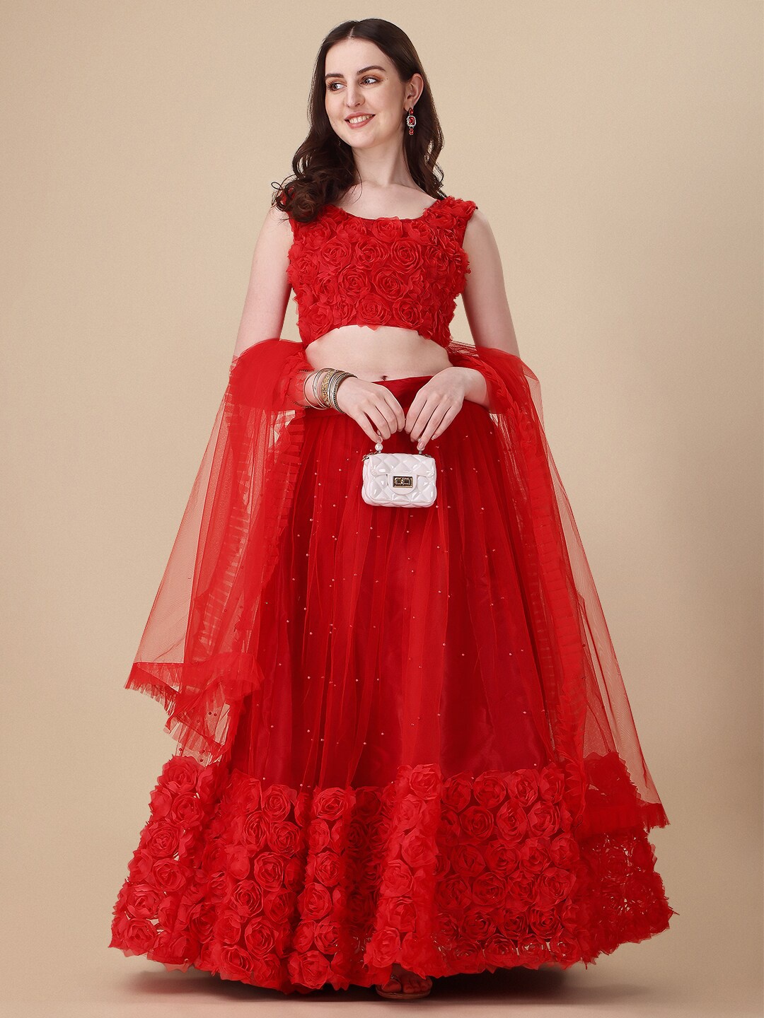 

KALINI FFloral Embroidered Sleeveless Semi-Stitched Lehenga Set With Dupatta, Red