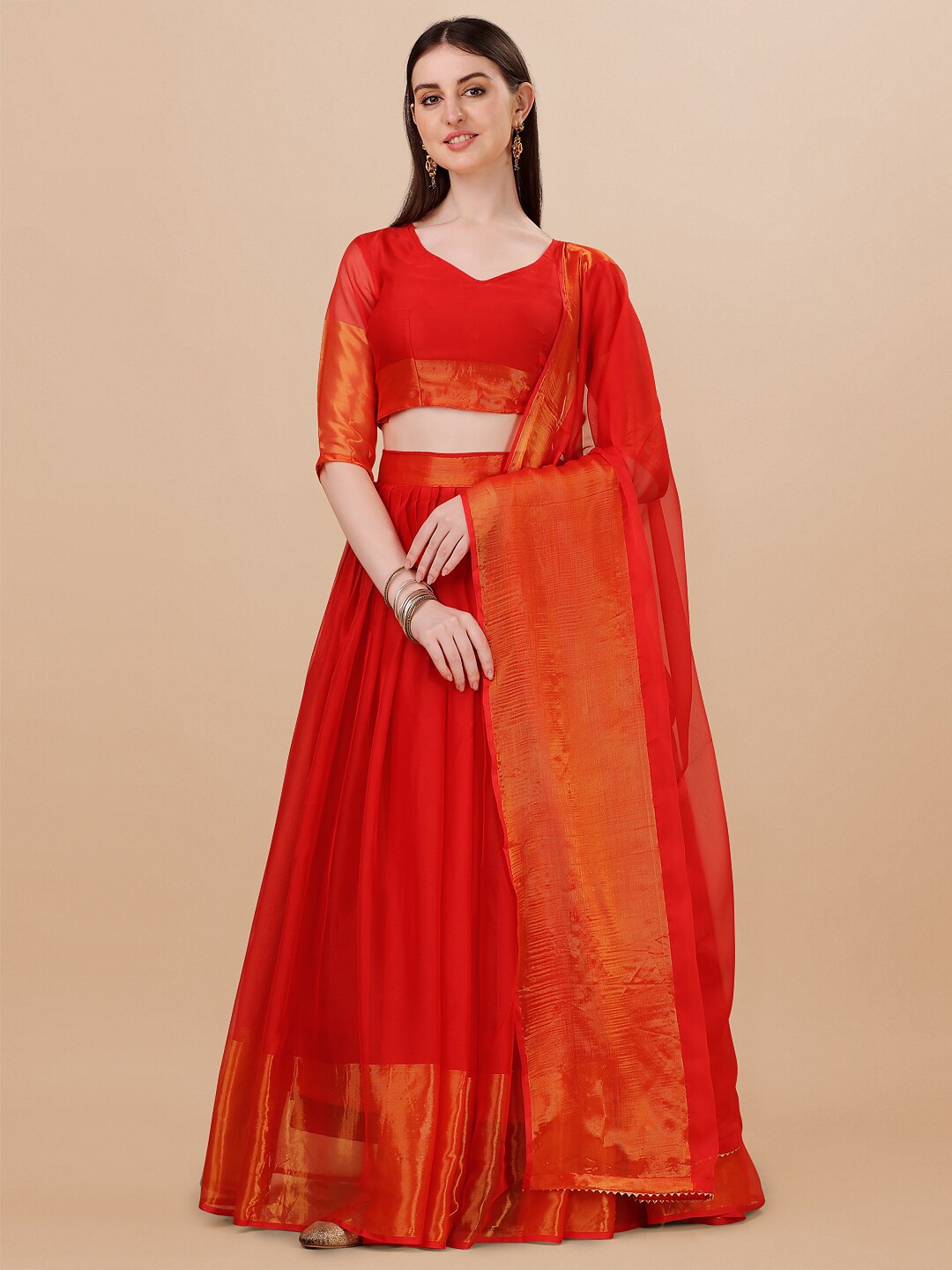 

KALINI V-Neck Semi Stitched Lehenga & Unstitched Blouse With Dupatta, Red