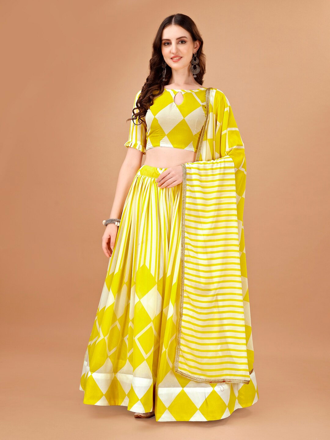 

KALINI Printed Georgette Semi-Stitched Lehenga & Unstitched Blouse With Dupatta, Yellow