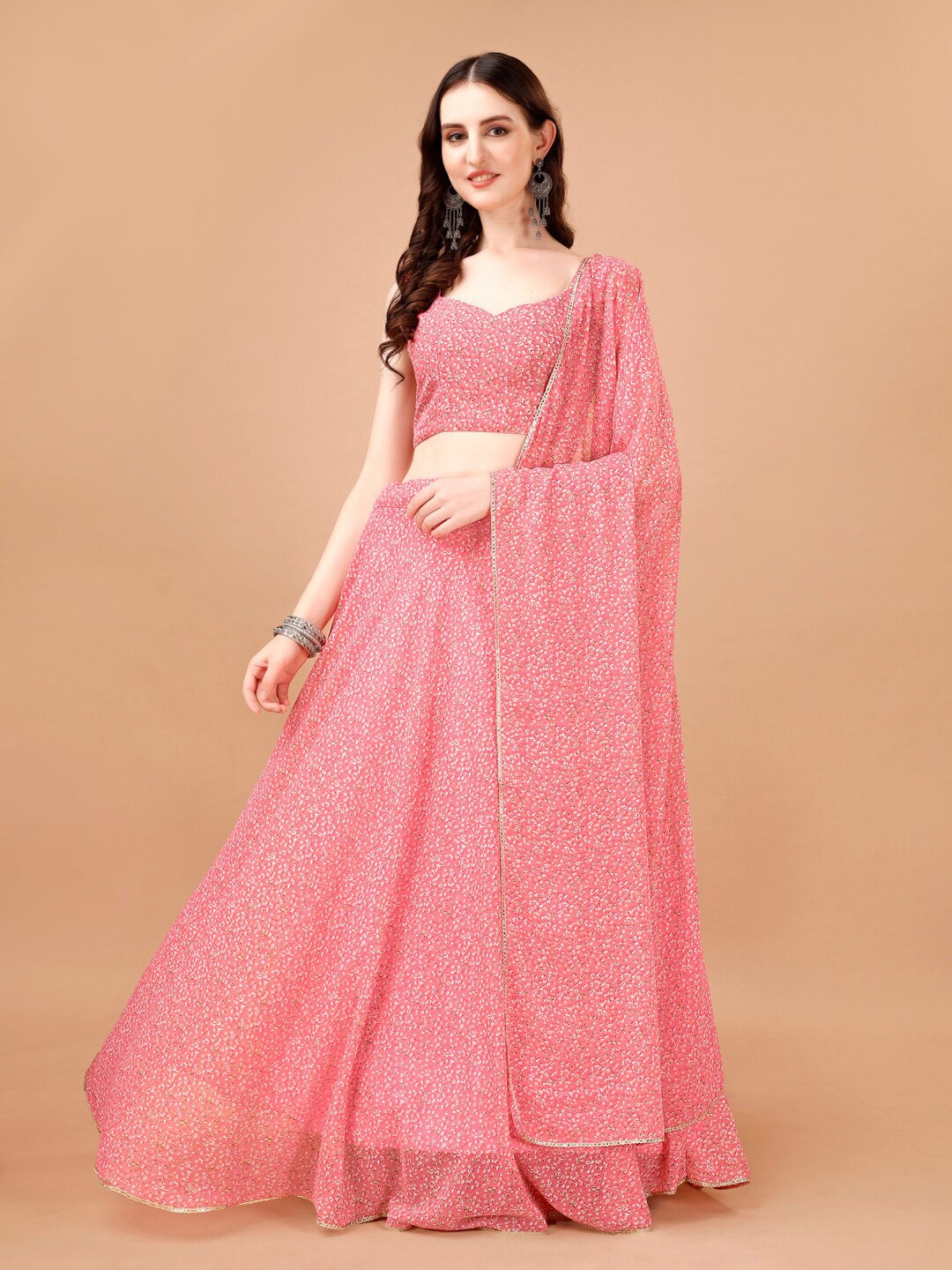 

KALINI Printed V-Neck Semi Stitched Lehenga & Unstitched Blouse With Dupatta, Pink