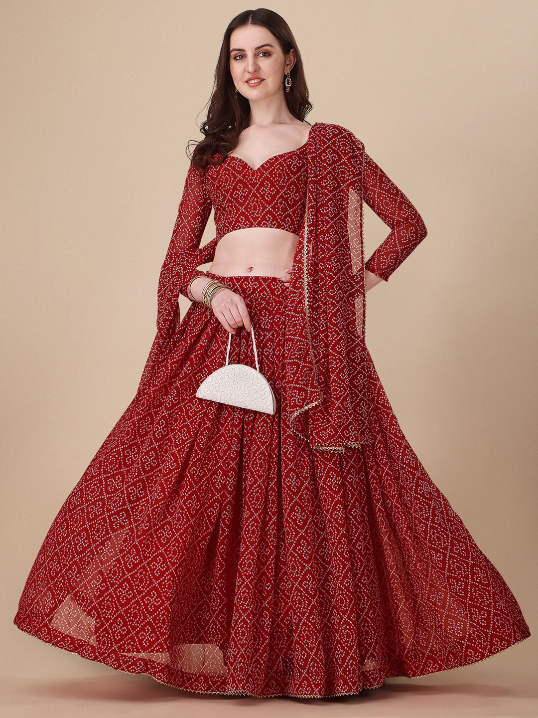 

KALINI Bandhani Printed Semi-Stitched Lehenga & Unstitched Blouse With Dupatta, Red