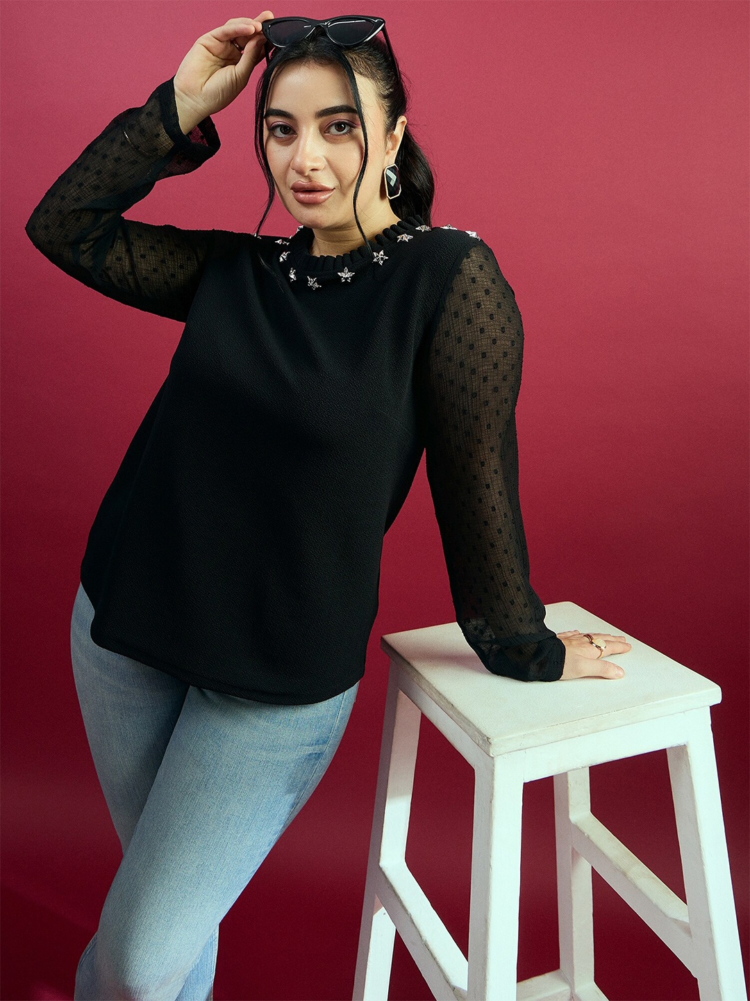 

CURVE BY KASSUALLY Black Plus Size Self Design Long Sleeves Studded Top