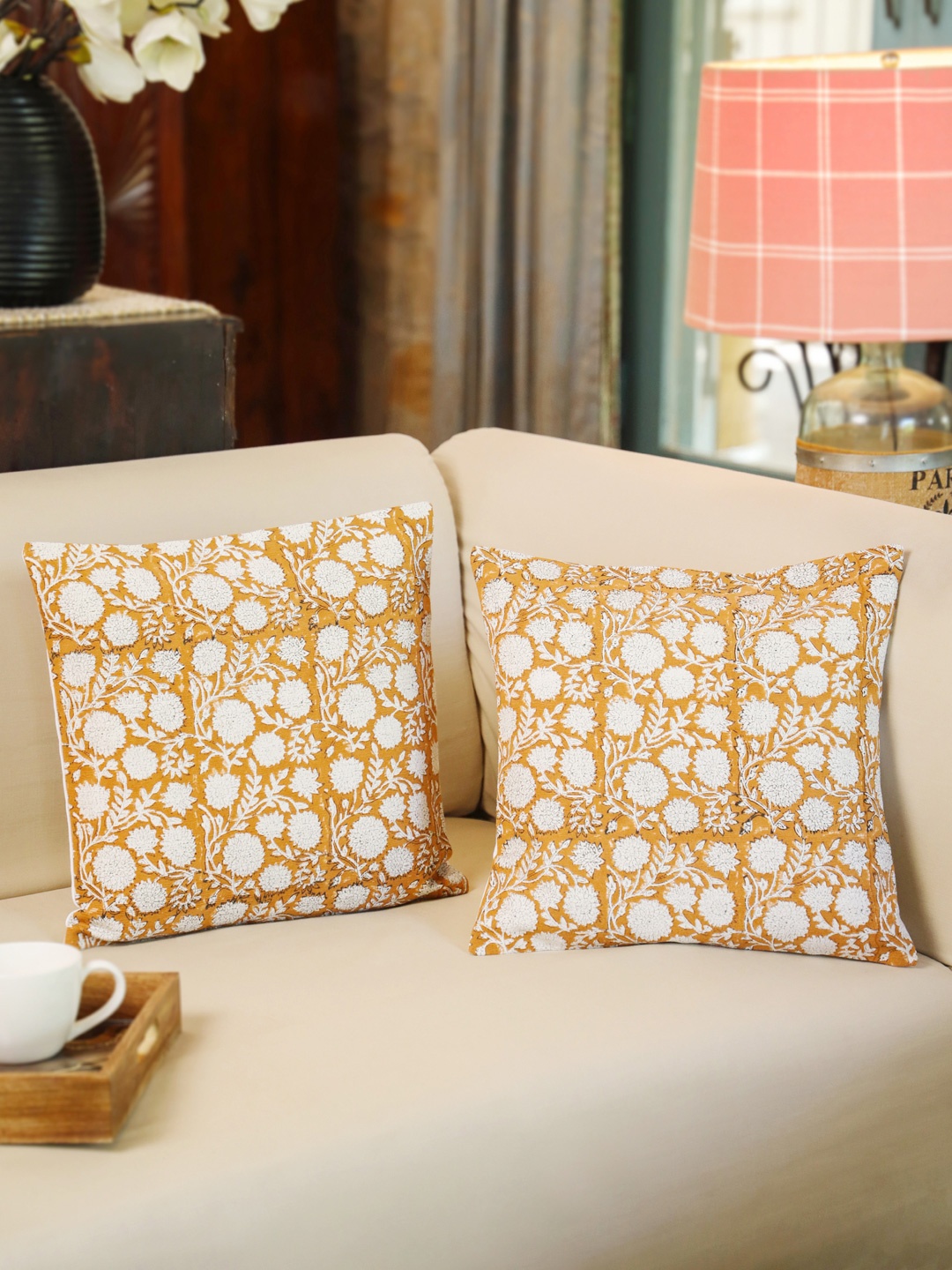 

Aura Off White & Yellow 2 Pieces Floral Cotton Square Cushion Covers