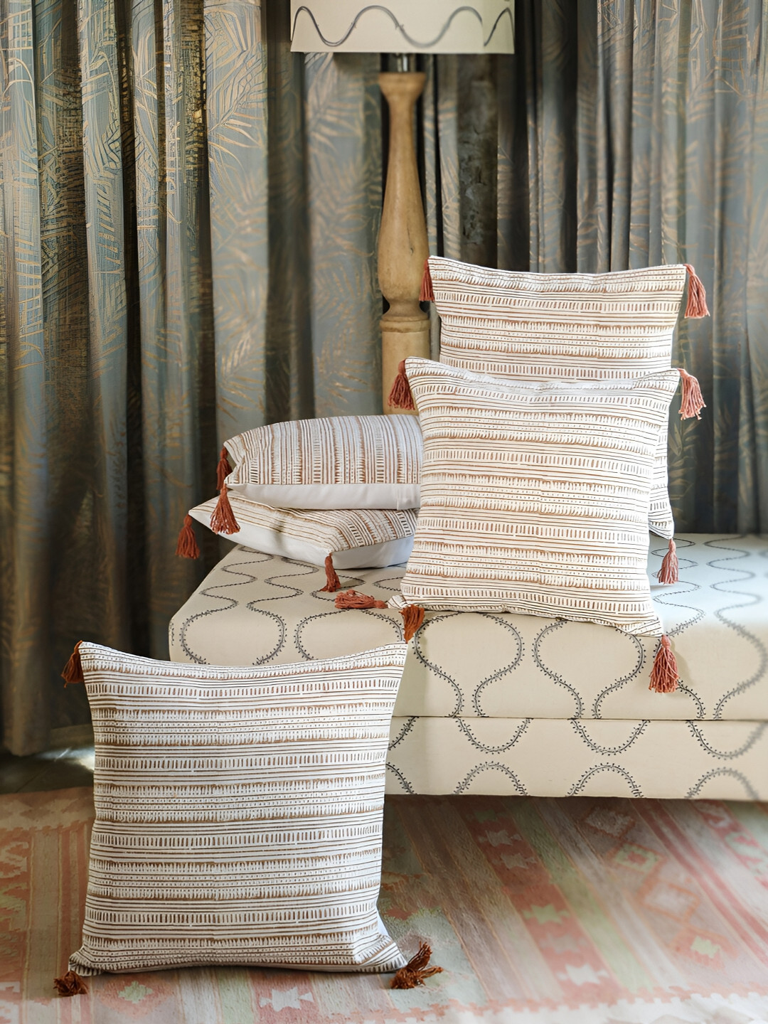 

Aura Brown & White 5 Pieces Striped Cotton Square Cushion Covers