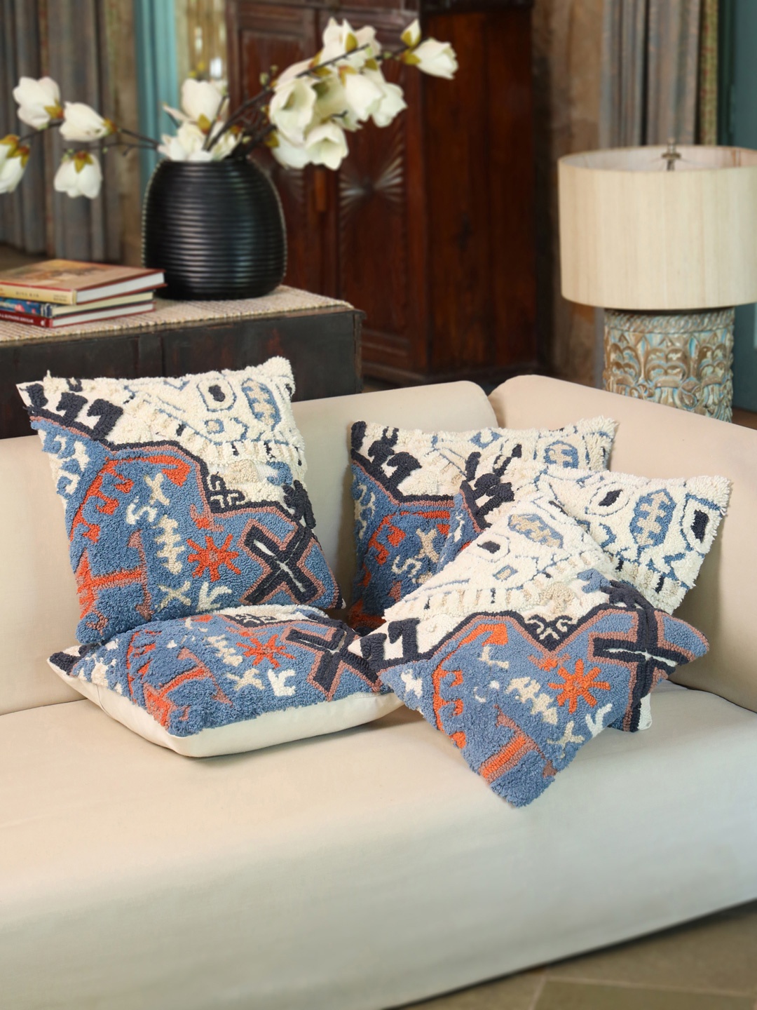 

Aura Blue & Cream 5 Pieces Self Design Cotton Square Cushion Covers