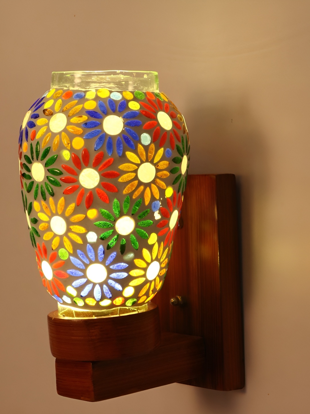 1ST TIME Yellow & Blue Printed Glass Traditional Abstract Shaped Shaped Wall Lamp