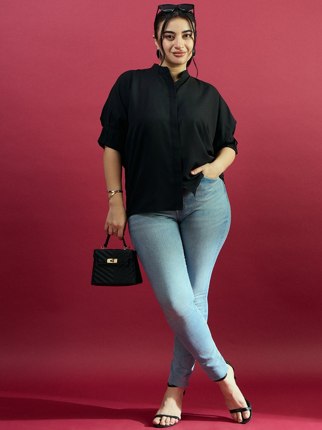 

CURVE BY KASSUALLY Plus Size Black Mandarin Collar Pleated Shirt Style Top