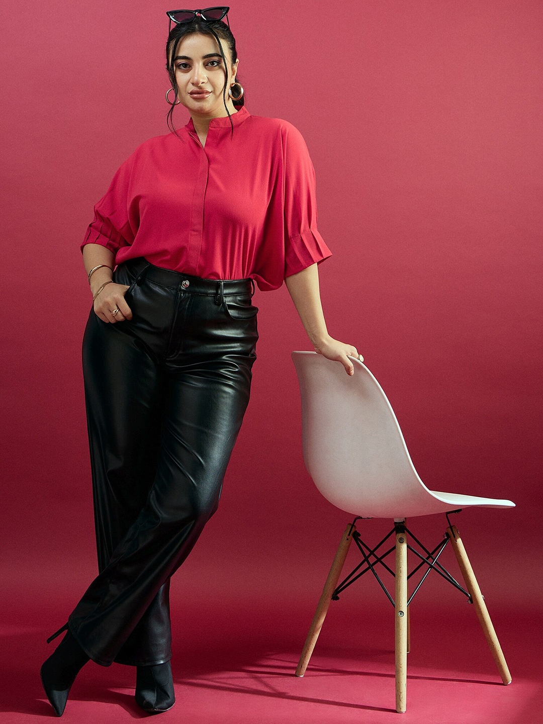 

CURVE BY KASSUALLY Plus Size Relaxed Pleatted sleeves Casual Shirt, Red