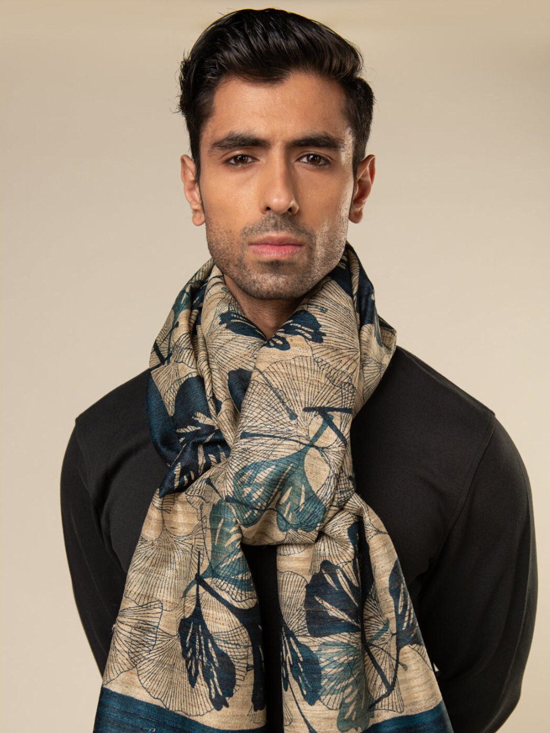 

AESHAANE Men Hand Block Printed Silk Scarf, Beige