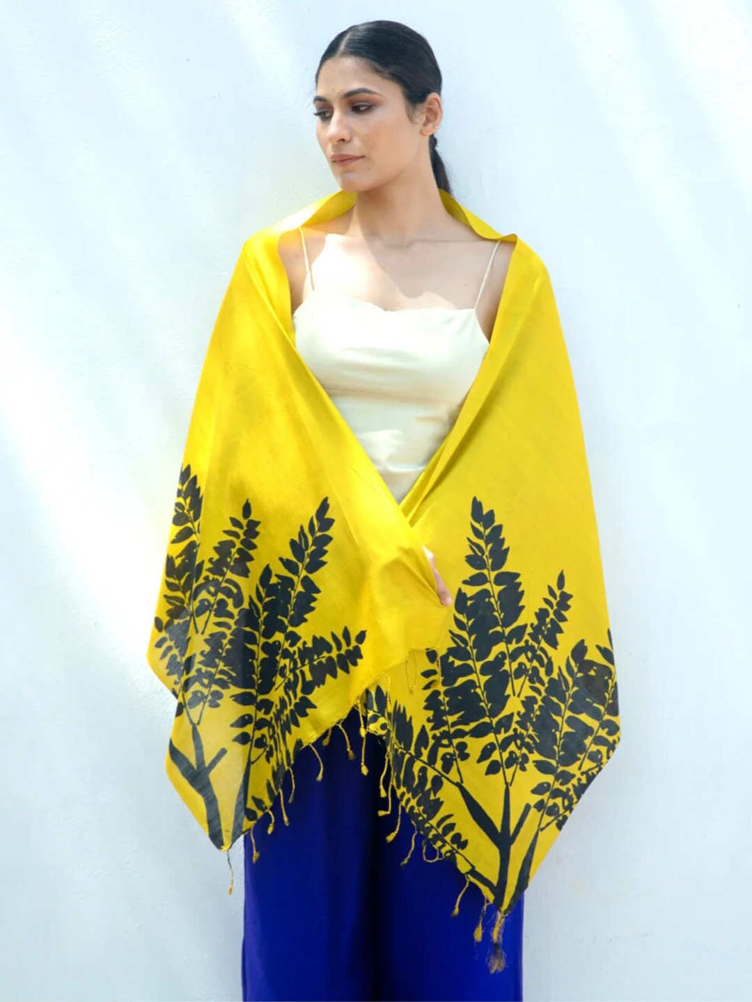 

AESHAANE Hand Block Printed Silk Scarf, Yellow