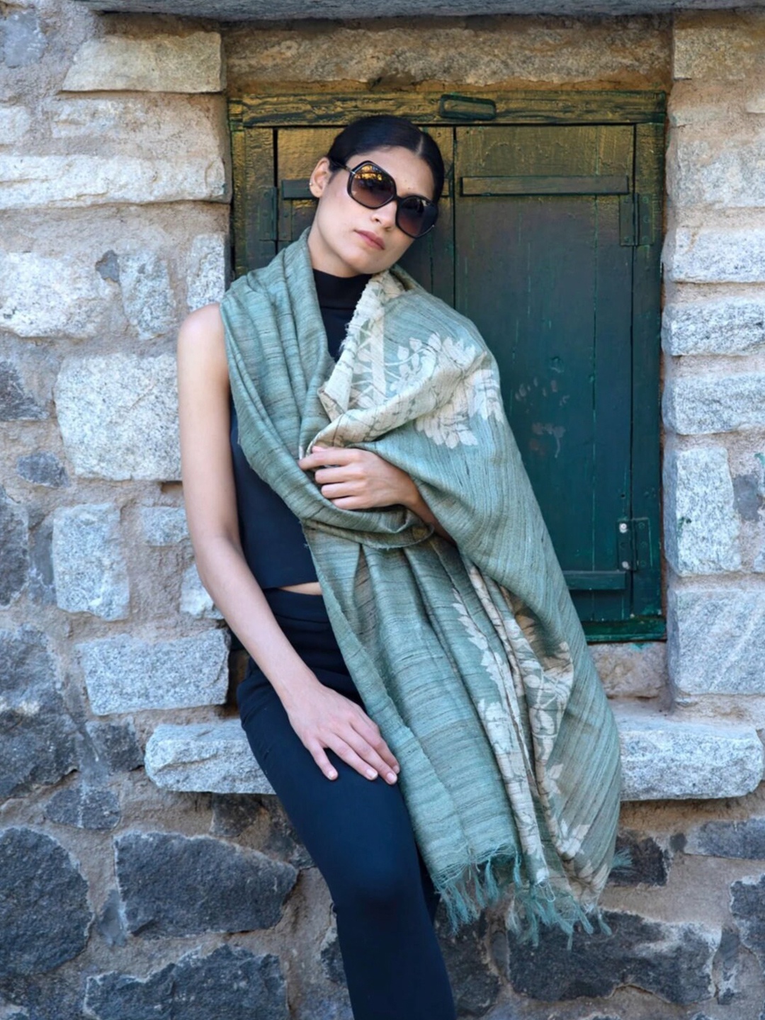 

AESHAANE Hand Block Printed Silk Scarf, Sea green