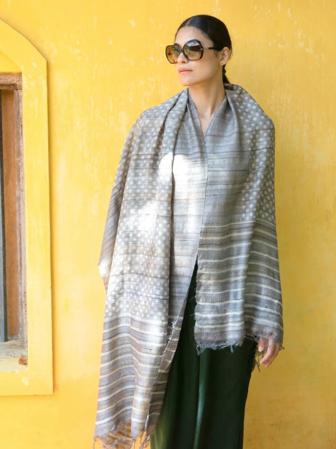 

AESHAANE Hand Block Printed Silk Scarf, Grey
