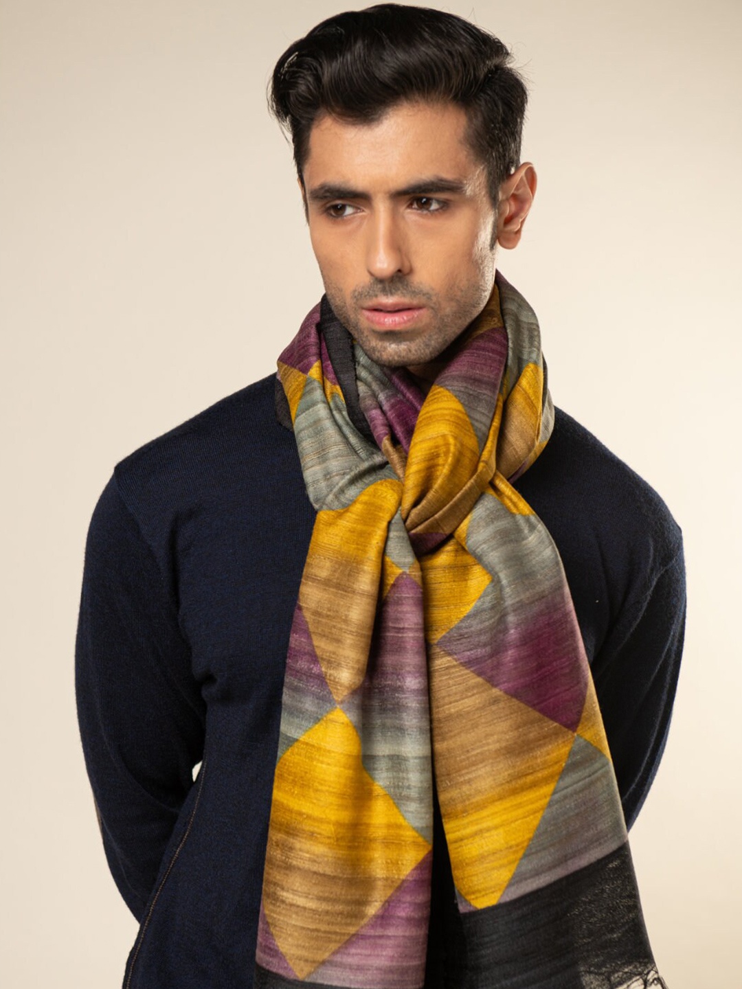 

AESHAANE Checked Tasseled Tussar Silk Scarves, Yellow