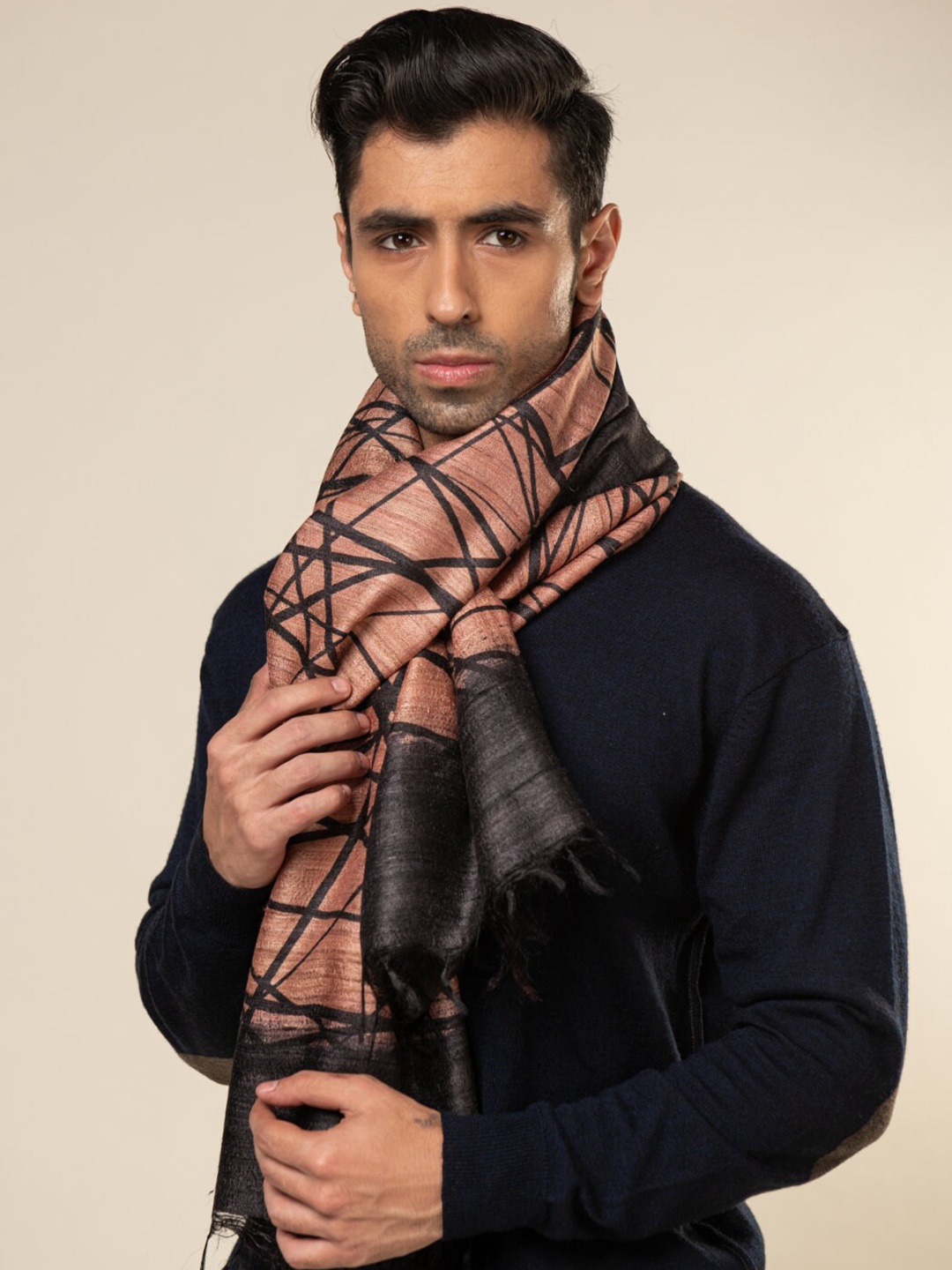 

AESHAANE Men Printed Silk Scarves, Beige