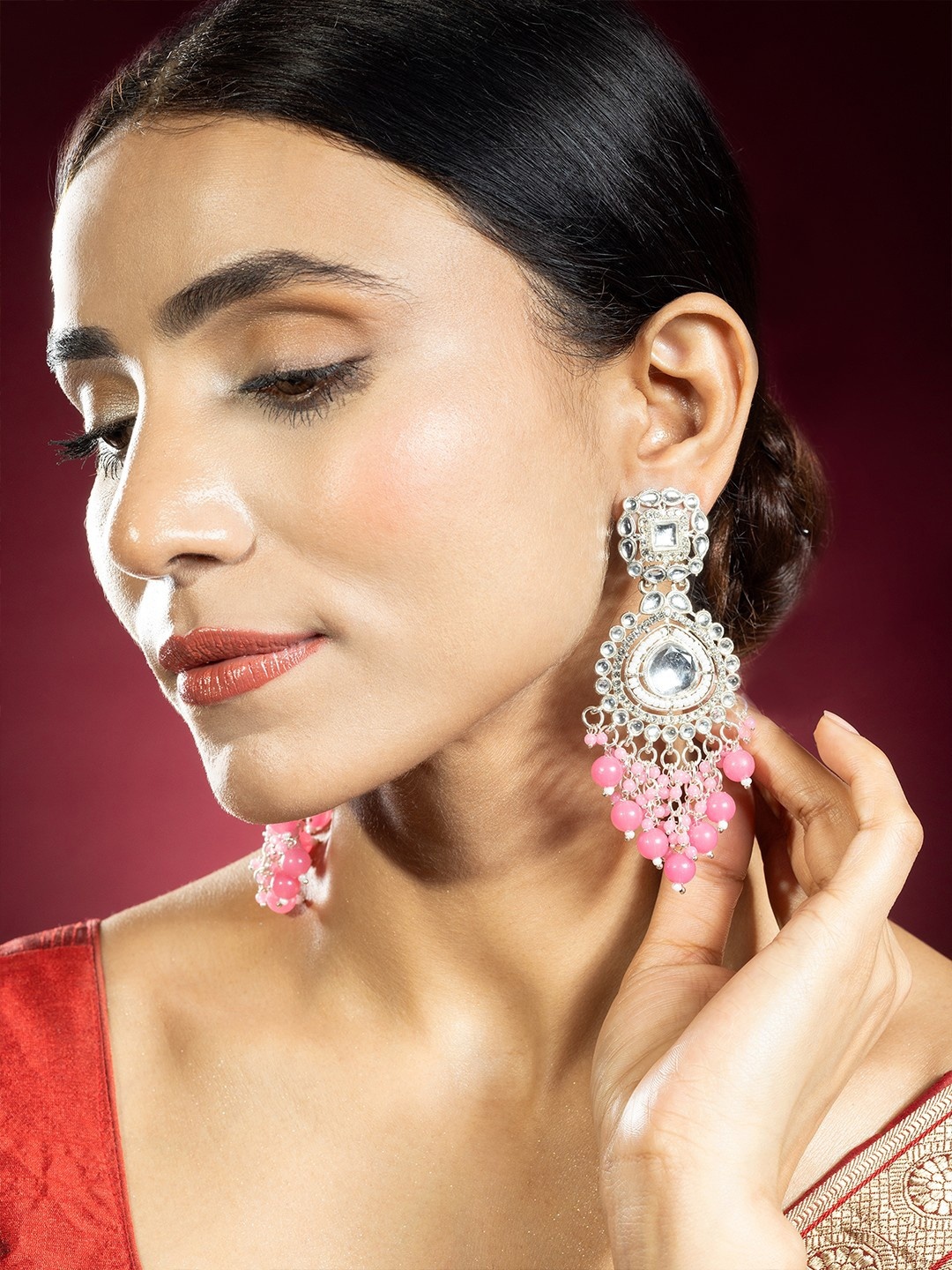 

Niscka Rhodium-Plated Kundan Stone Studded Earrings, Silver