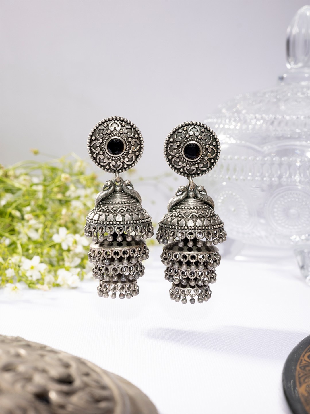 

Niscka Silver-Plated Stone Studded & Bedded Earrings