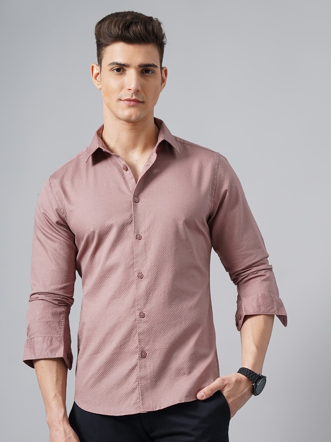 

British Club Classic Slim Fit Geometric Self Design Spread Collar Cotton Casual Shirtrt, Mauve