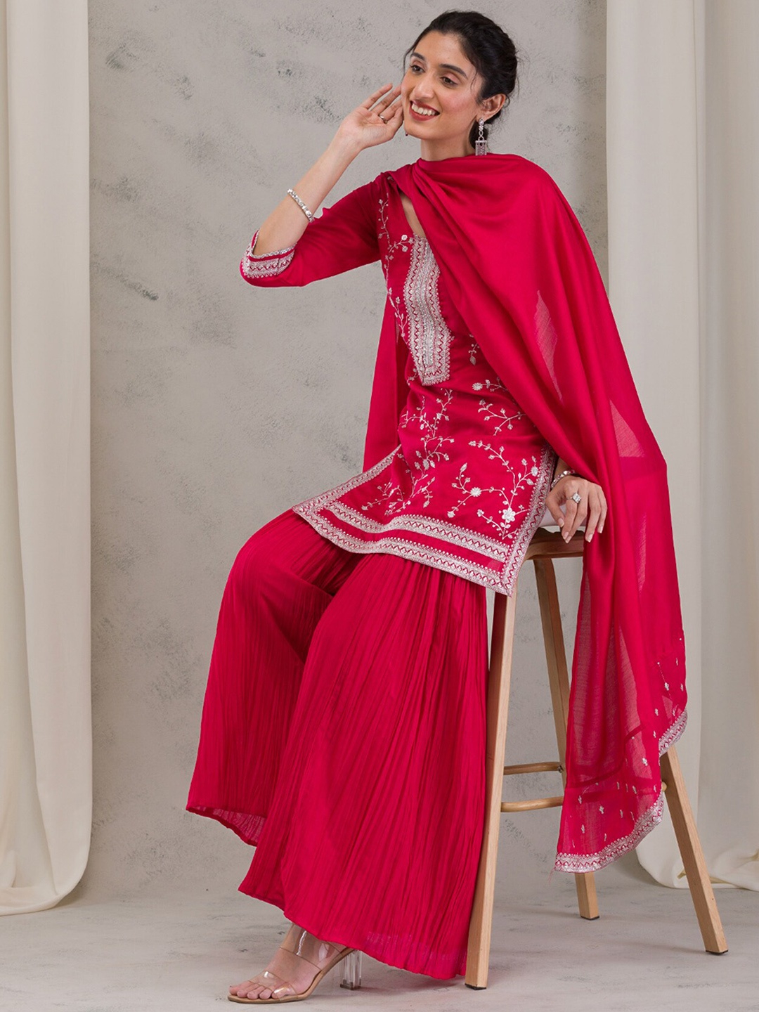 

Koskii Women Ethnic Motifs Embroidered Regular Thread Work Raw Silk Kurta with Sharara & With Dupatta, Pink