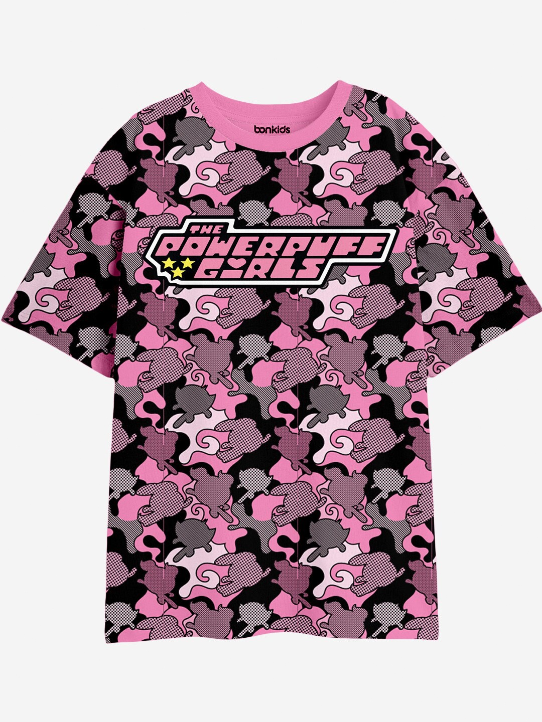 

BONKIDS Girls Abstract Printed Drop-Shoulder Sleeves Cotton Oversized T-shirt, Pink