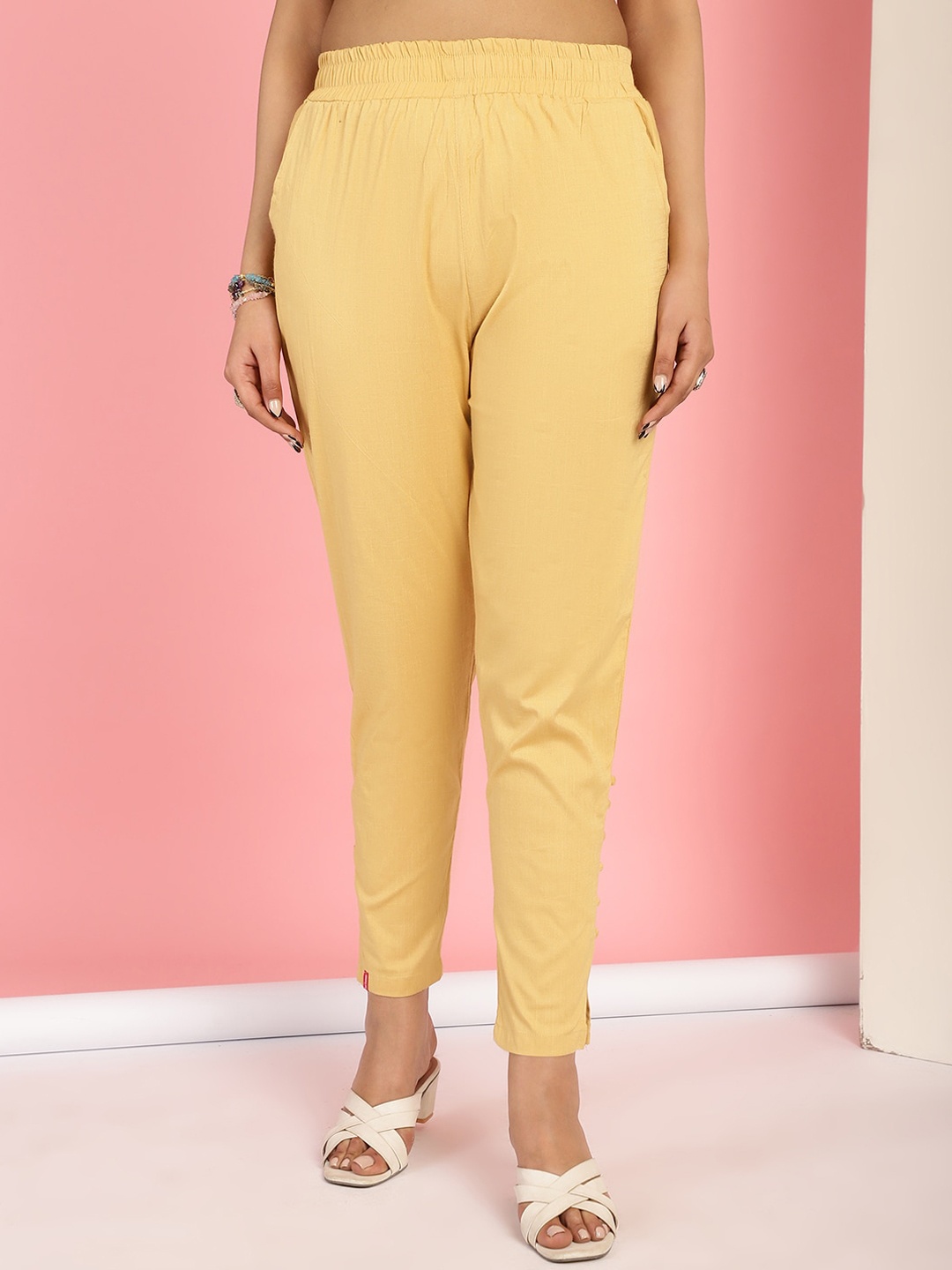 

TAG 7 Women Mid-Rise Pencil Skinny Fit Cigarette Trousers, Beige