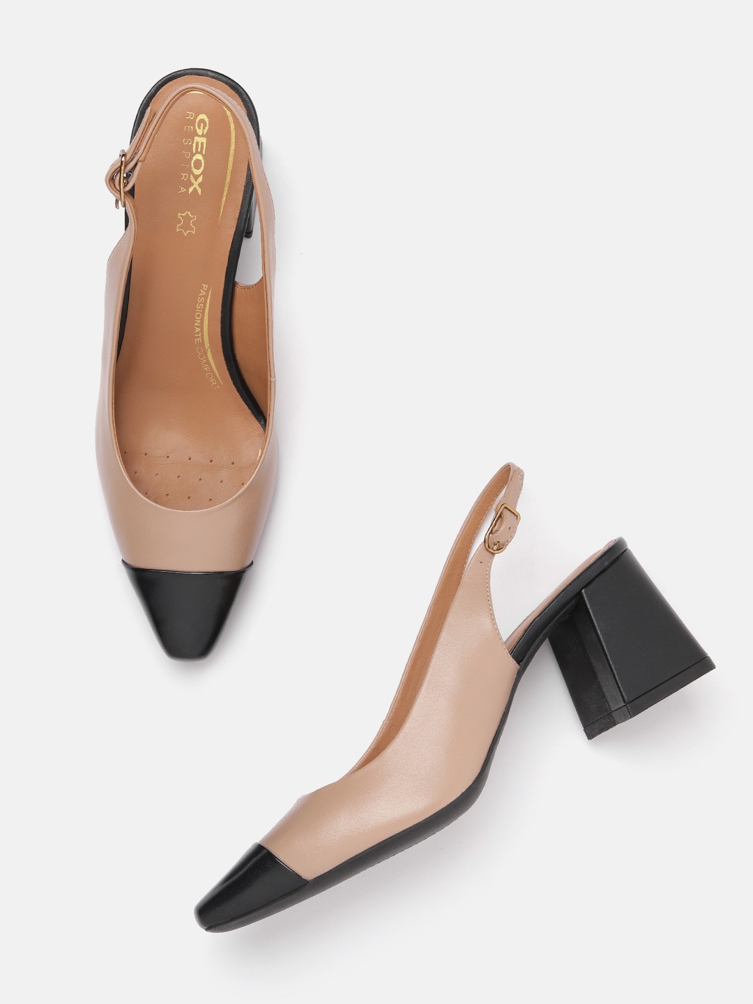 

Geox Colourblocked Leather Block Pumps, Nude
