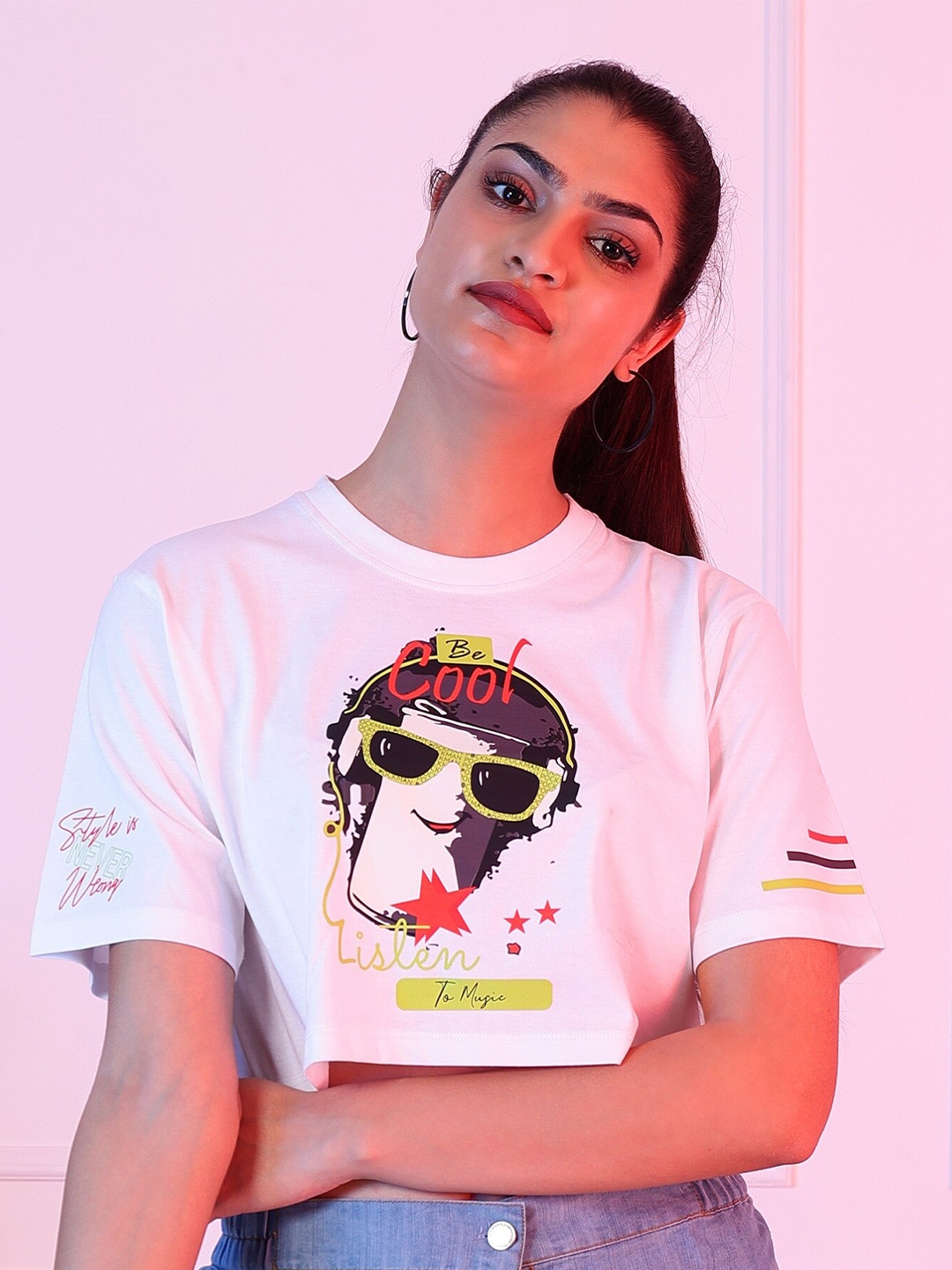 

PockMAN Graphic Printed Cotton Oversized Crop T-shirt, White
