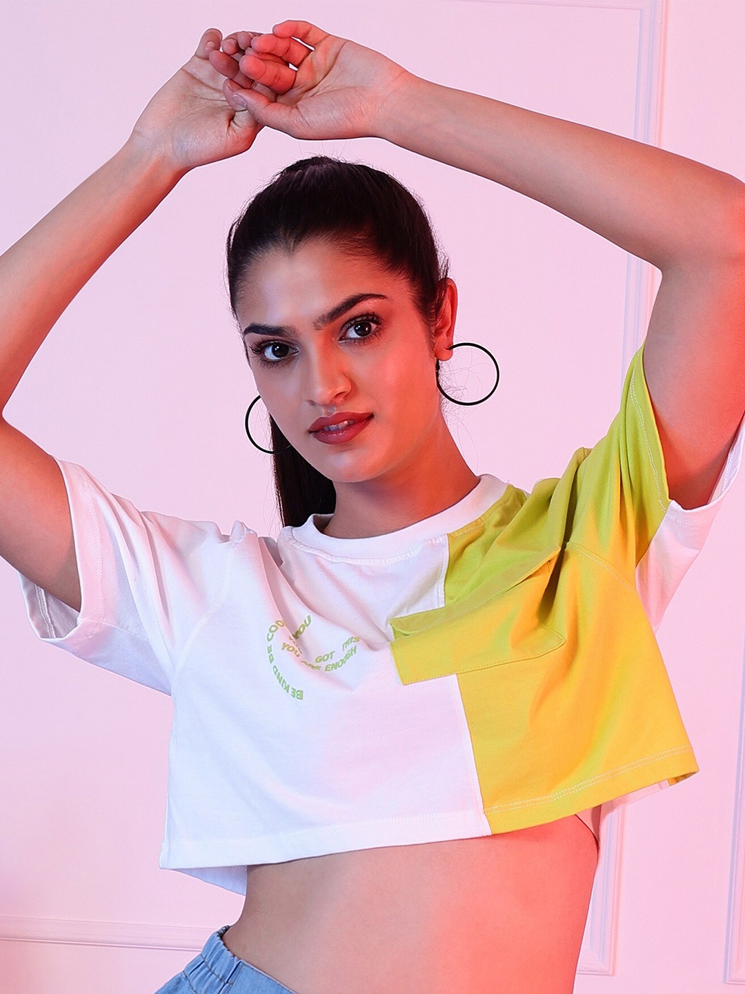 

PockMAN Colourblocked Drop-Shoulder Sleeves Cotton Oversized Crop T-shirt, White