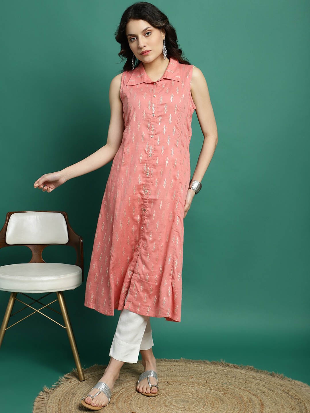 

Sangria Printed Cotton A-Line Kurta, Peach