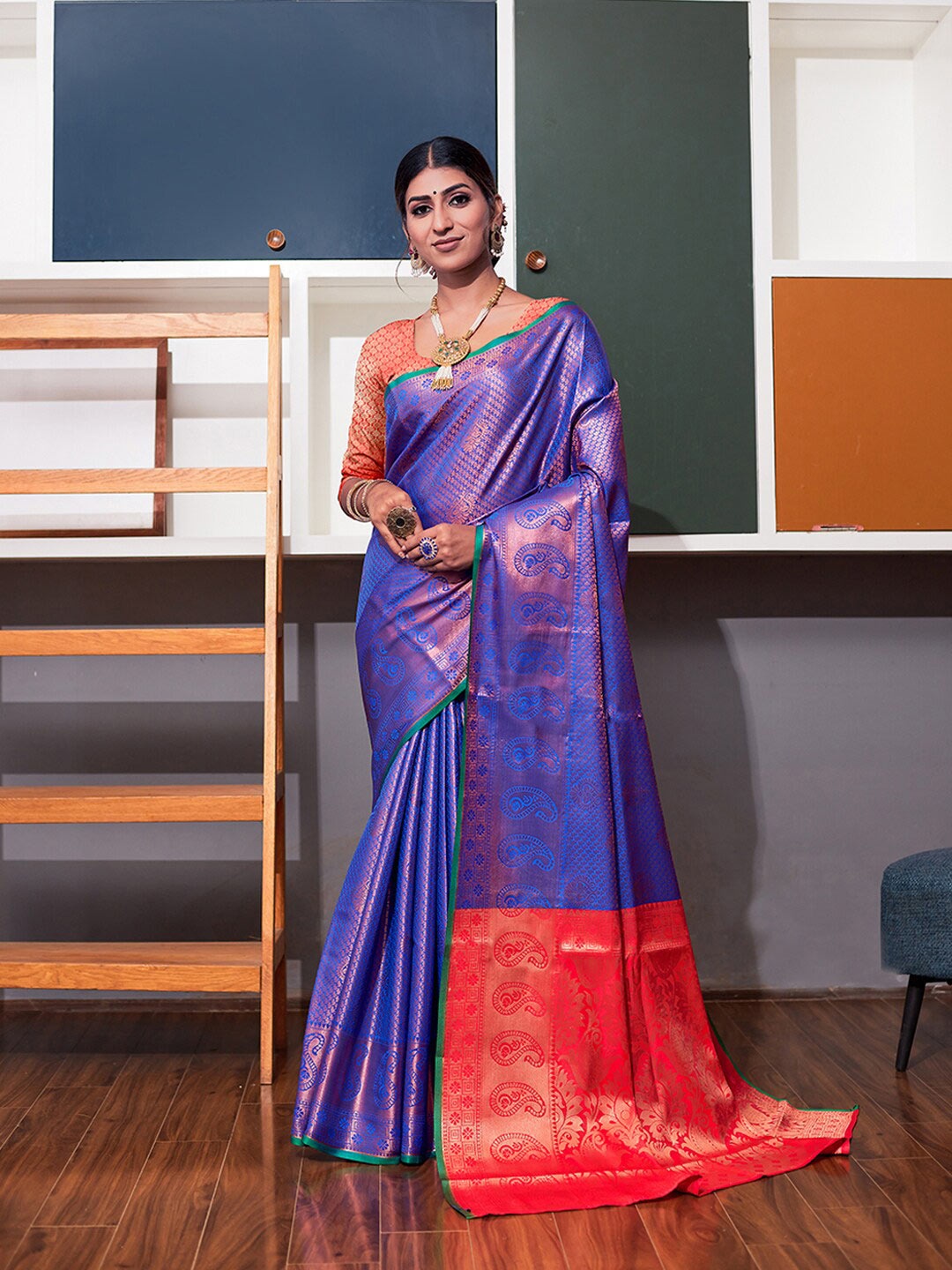 

JUST FASHION Woven Design Zari Art Silk Kanjeevaram Saree, Blue