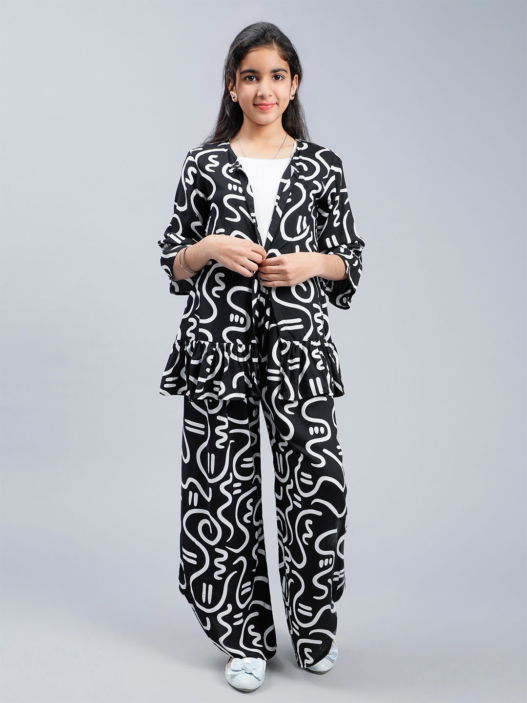 

Unique Designers Girls Abstract Printed Top with Palazzos, Black