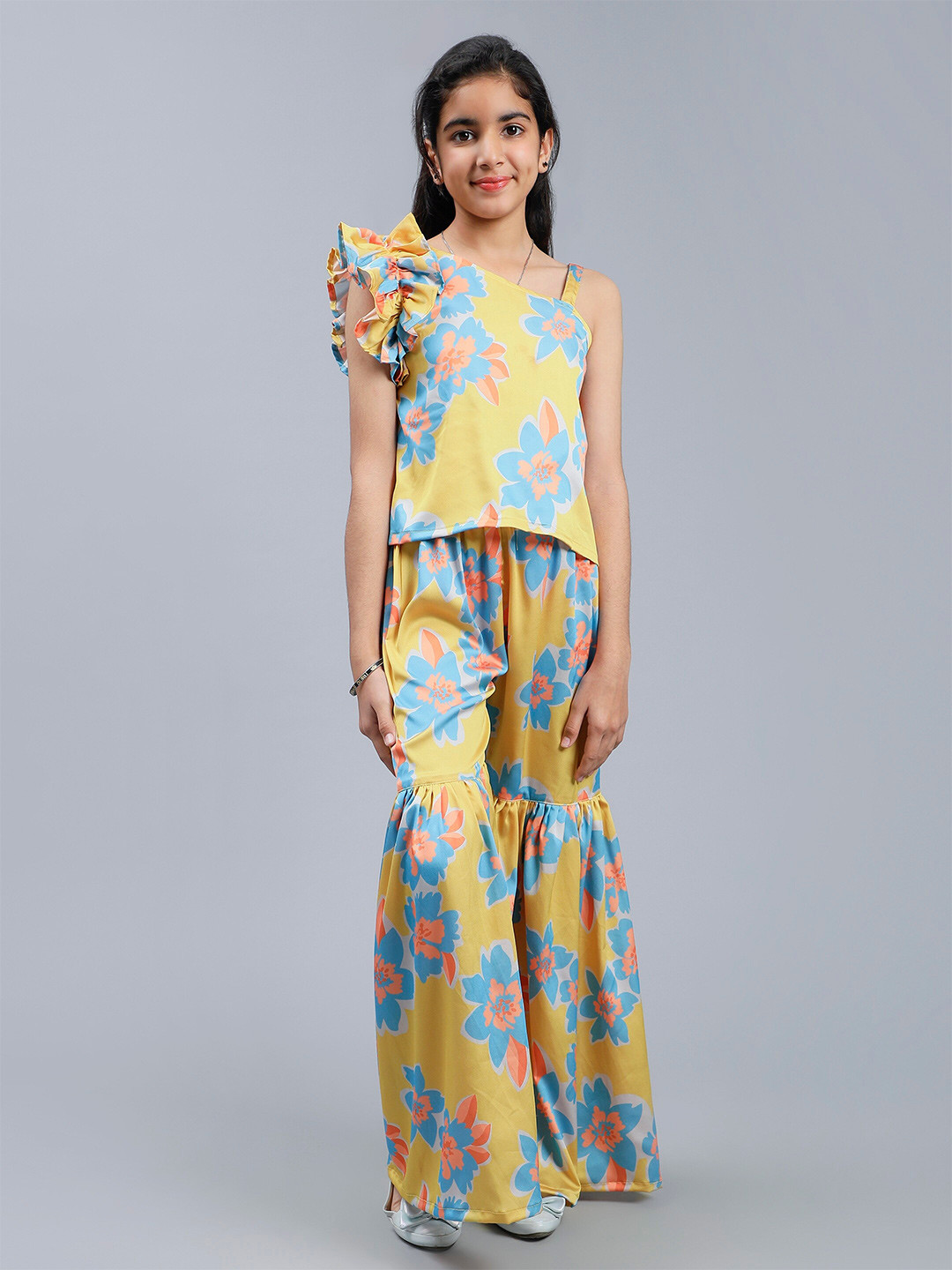 

Unique Designers Girls Floral Printed One Shoulder Top with Palazzos, Yellow