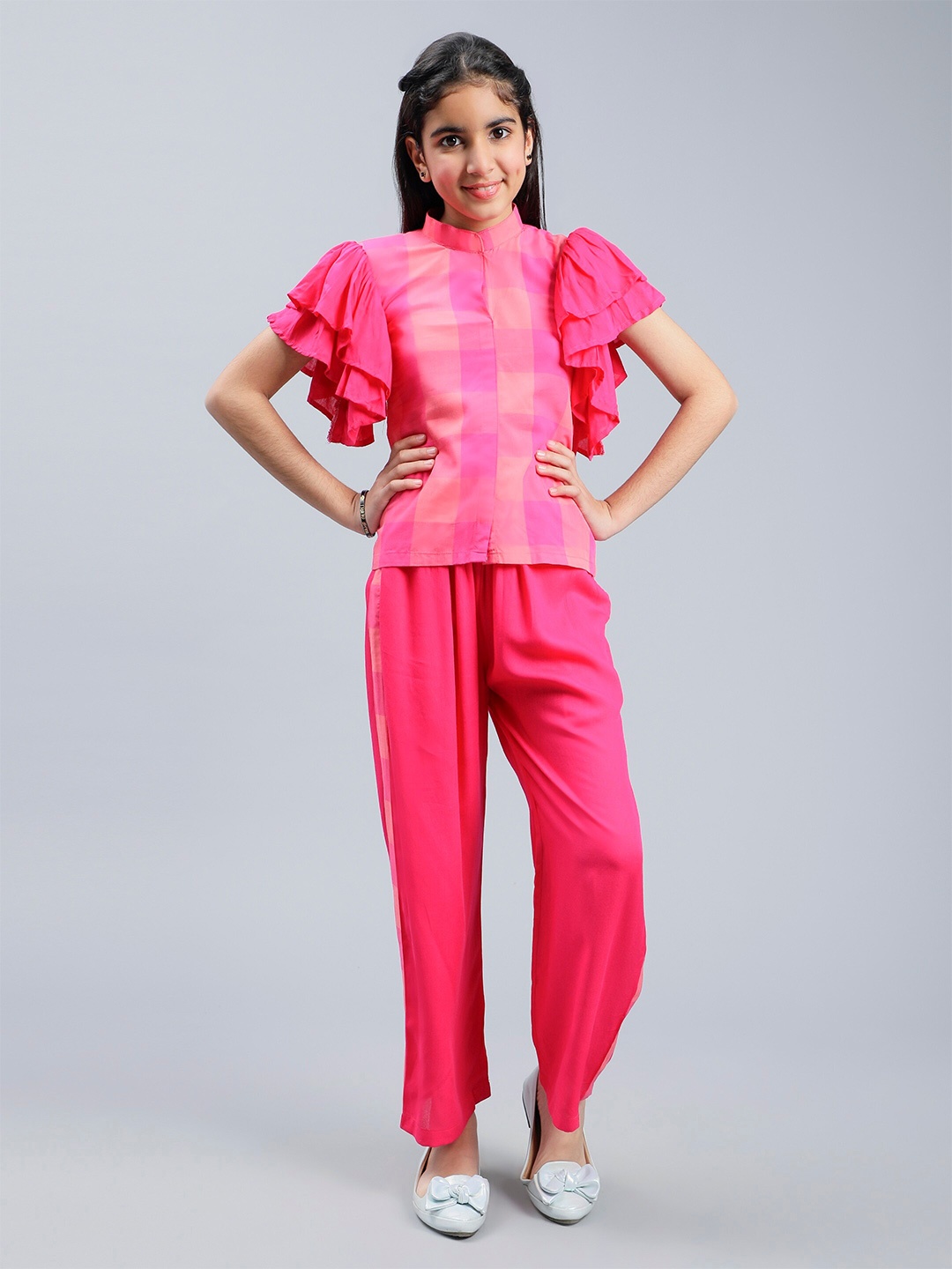 

Unique Designers Girls Checked Pure Cotton Top With Palazzos, Pink