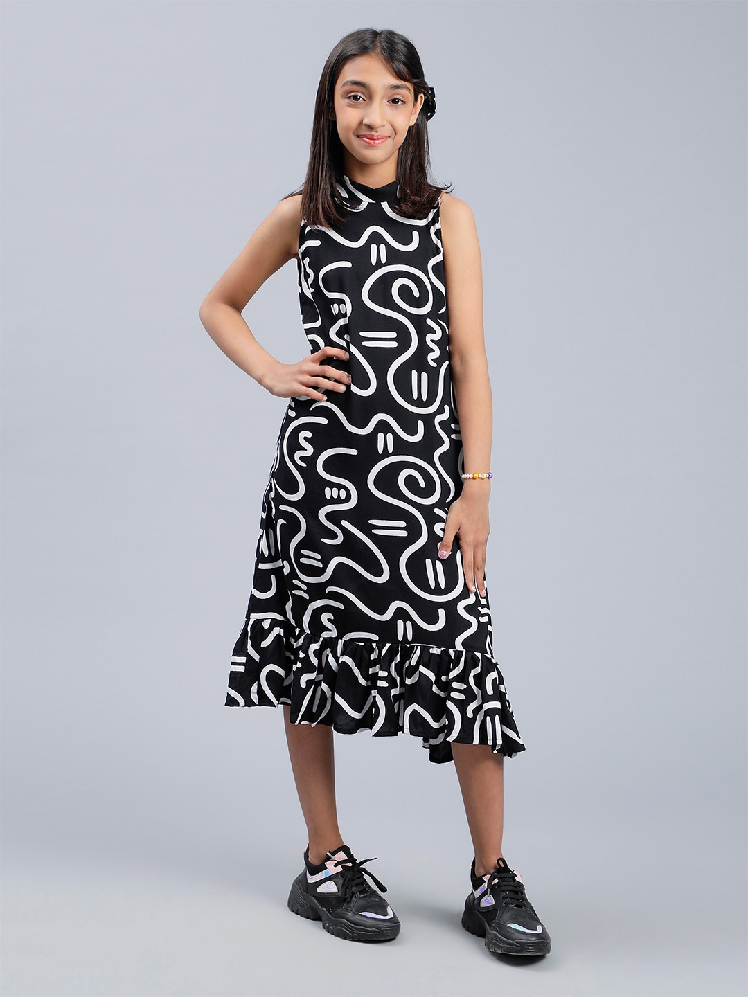 

Unique Designers Girls Printed A-Line Midi Dress, Black