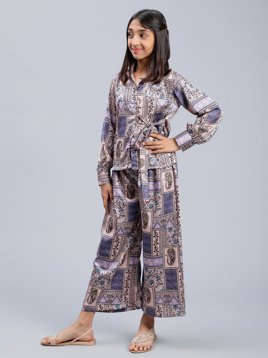 

Unique Designers Girls Printed Shirt With Palazzos, Beige